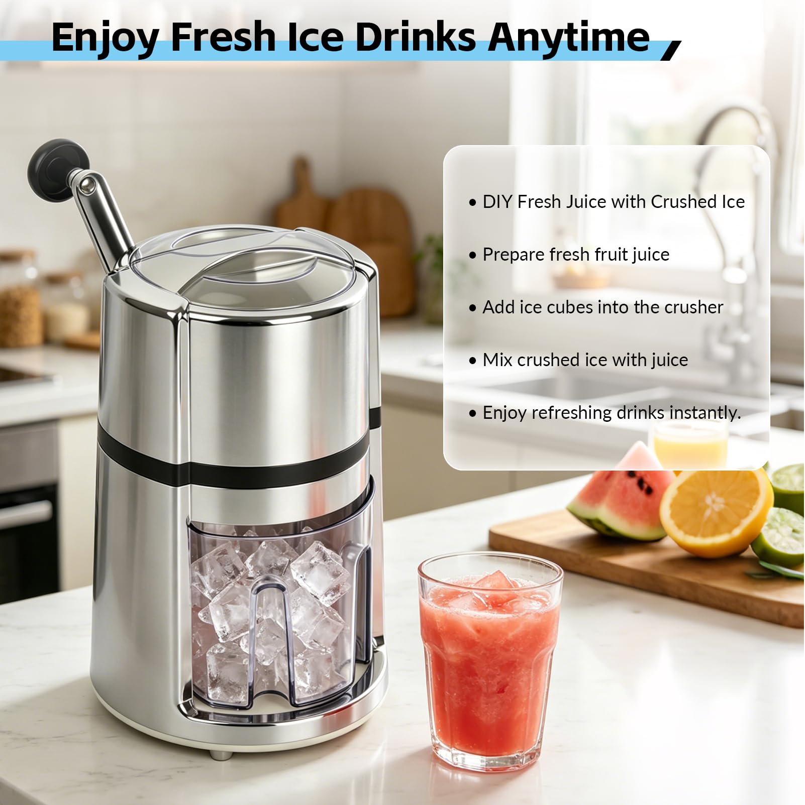 Broyeur à glace manuel en acier inoxydable 1,1 l avec manivelle, broyeur à glace manuel en acier inoxydable avec bac de récupération, pieds antidérapants, pour cocktails, smoothies et boissons froides