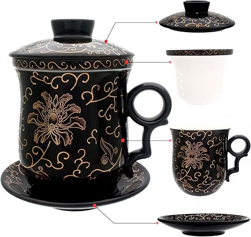 Taza de té de porcelana con tapa de infusor y juegos de platillo, taza de té de cerámica china Jingdezhen, taza de té de hojas sueltas para oficina