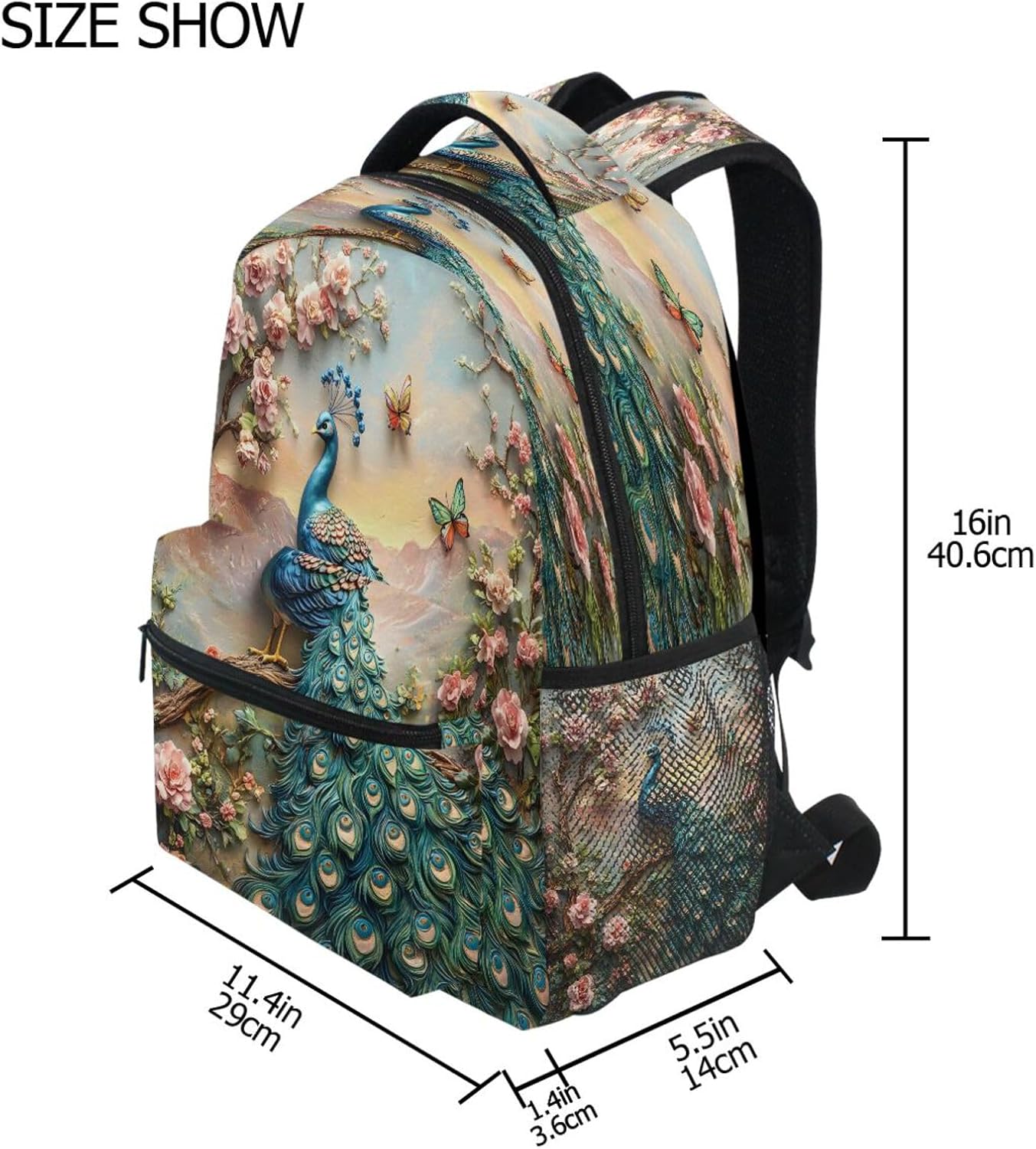Peacock Butterfly Peony Backpack for School Boys Girls Adults Kids Bookbag Laptop Bag 18L