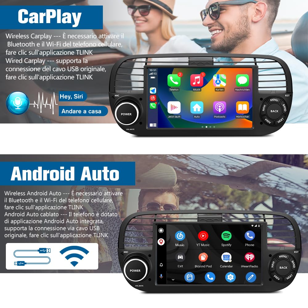 AWESAFE Android 13 Autoradio per FIAT 500 (2007-2015) lo stereo 7 pollici 1 din (4GB＋64GB) Supporto CarPlay Android Auto GPS WIFI Bluetooth MirrorLink (Nero)