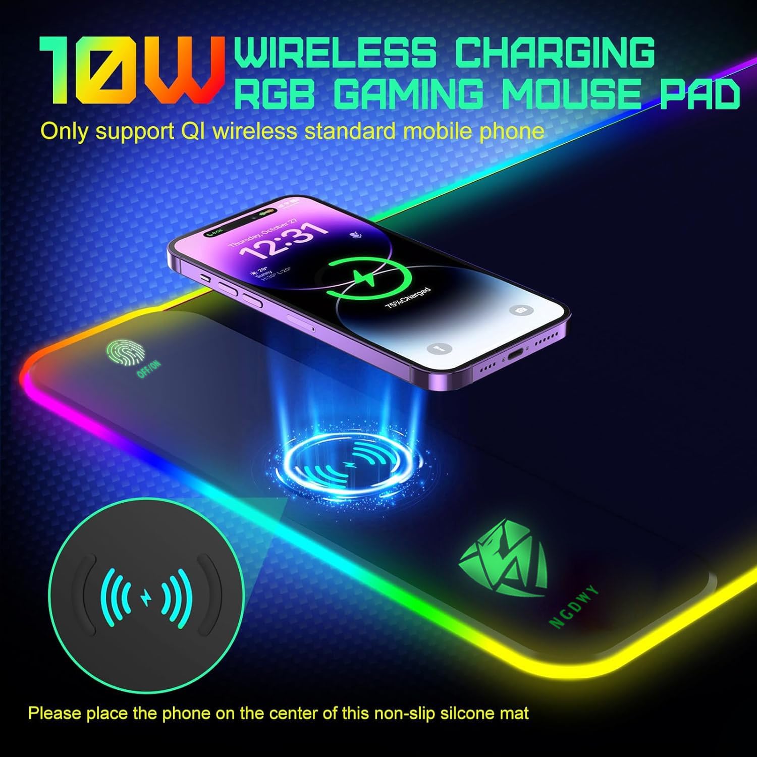 Tappetino per mouse da gioco RGB con ricarica wireless, 15 W, 800 x 300 x 4 mm, ricarica rapida, superficie ultra liscia, base antiscivolo, 13 modalità di illuminazione, tappetino per mouse RGB per