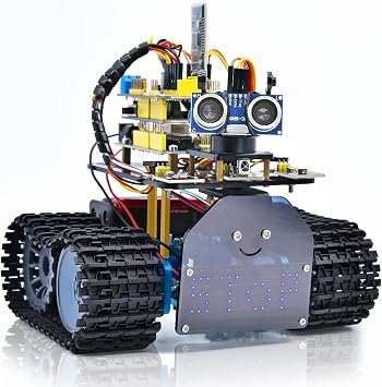 KEYESTUDIO Mini Tank Kit V2 Smart Car for Arduino, IR Infrared and App Remote Control iOS and Android, Light and Ultrasonic Follow, 8X16 LED Panel, Ultrasonic Obstacle Avoidance,15+