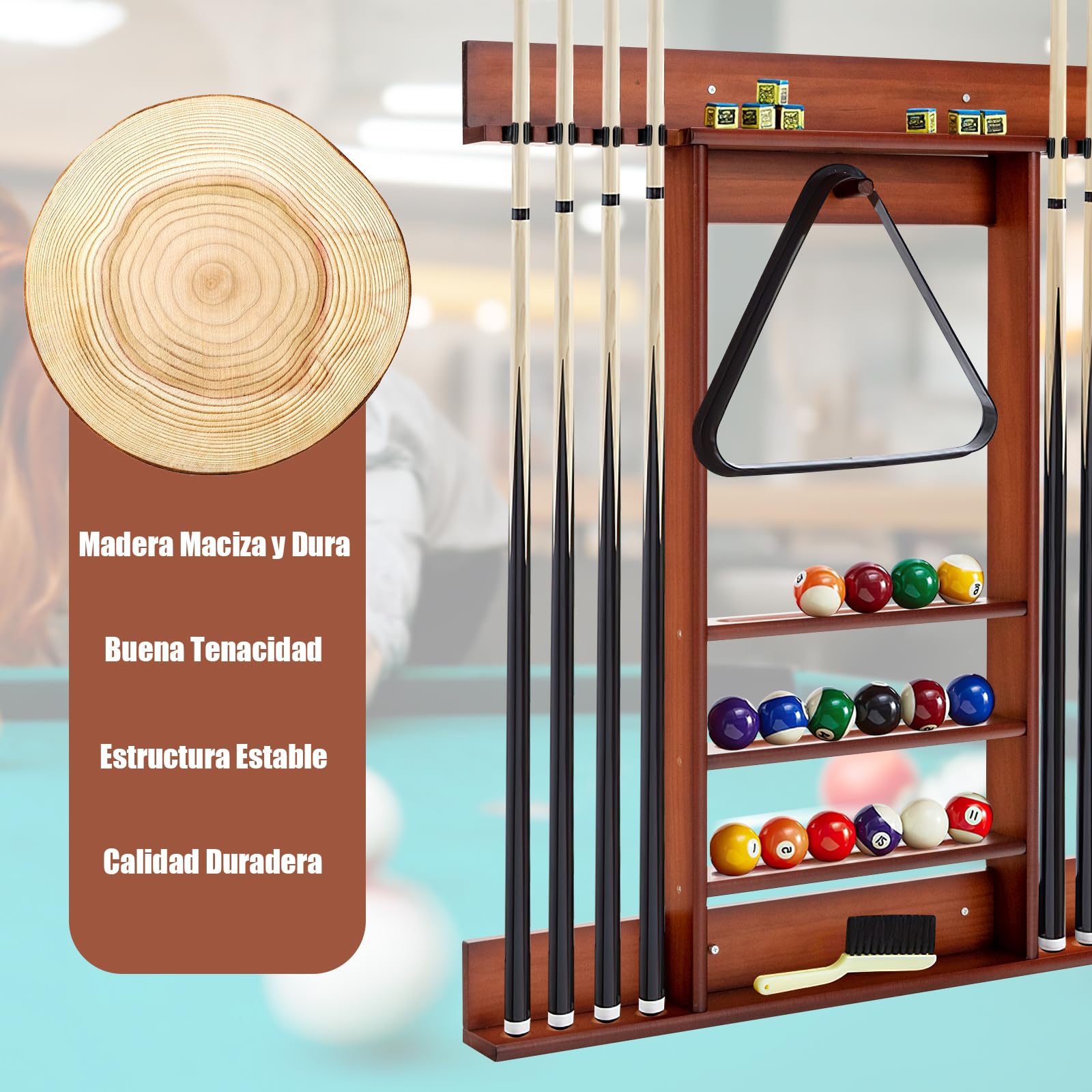 GYMAX Soporte para Tacos de Billar de Madera de Pino, Soporte para Tacos de Billar para 8 Tacos, 15 Bolas de Billar y Accesorios de Billar, Accesorios de Mesa de Billar para Sala de Billar, Bar, Club