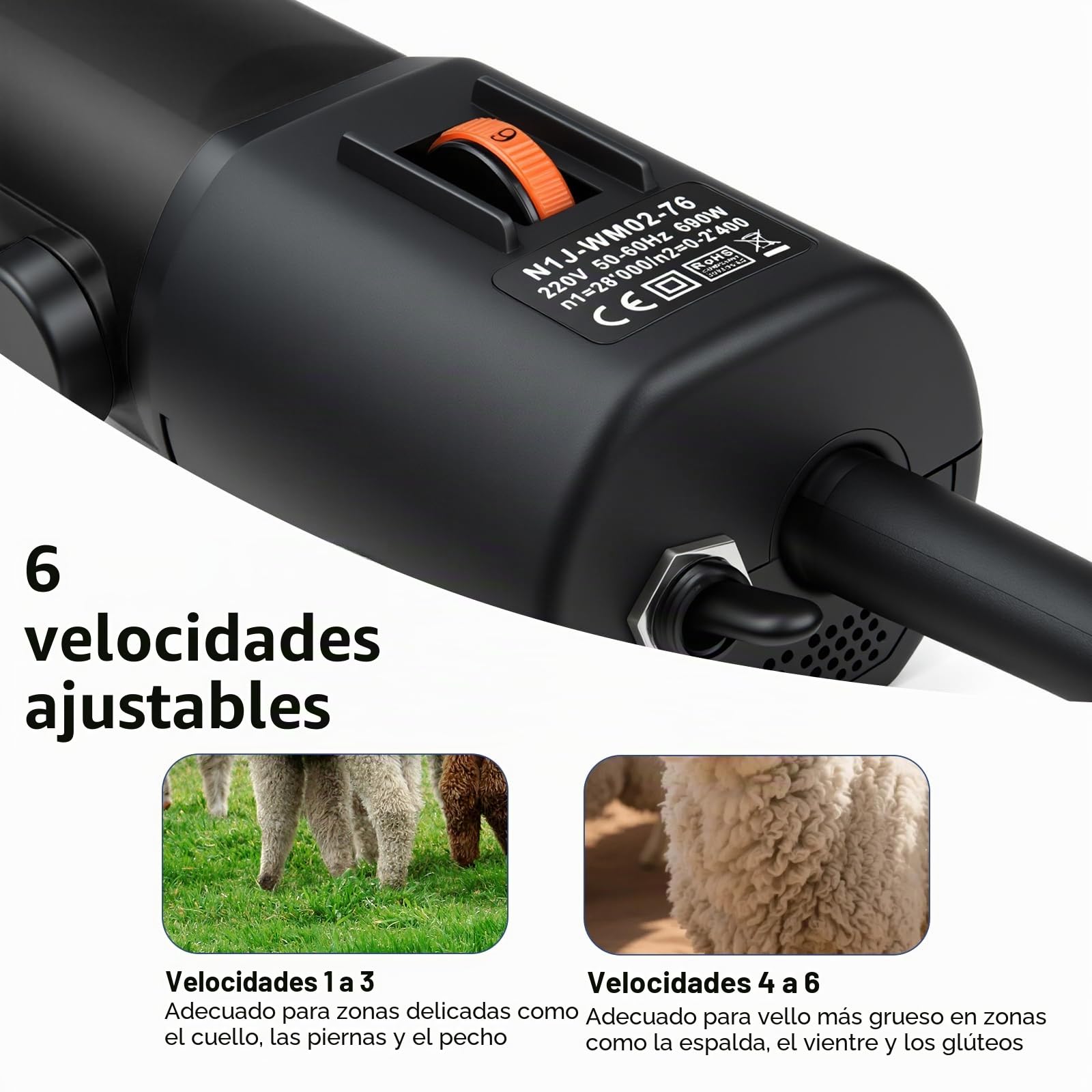 690W Esquiladora eléctrica para ovejas, eléctrica profesional para ovejas, cabras u otros animales, 6 Velocidades Ajustables, Cuchillas intercambiables, color negro