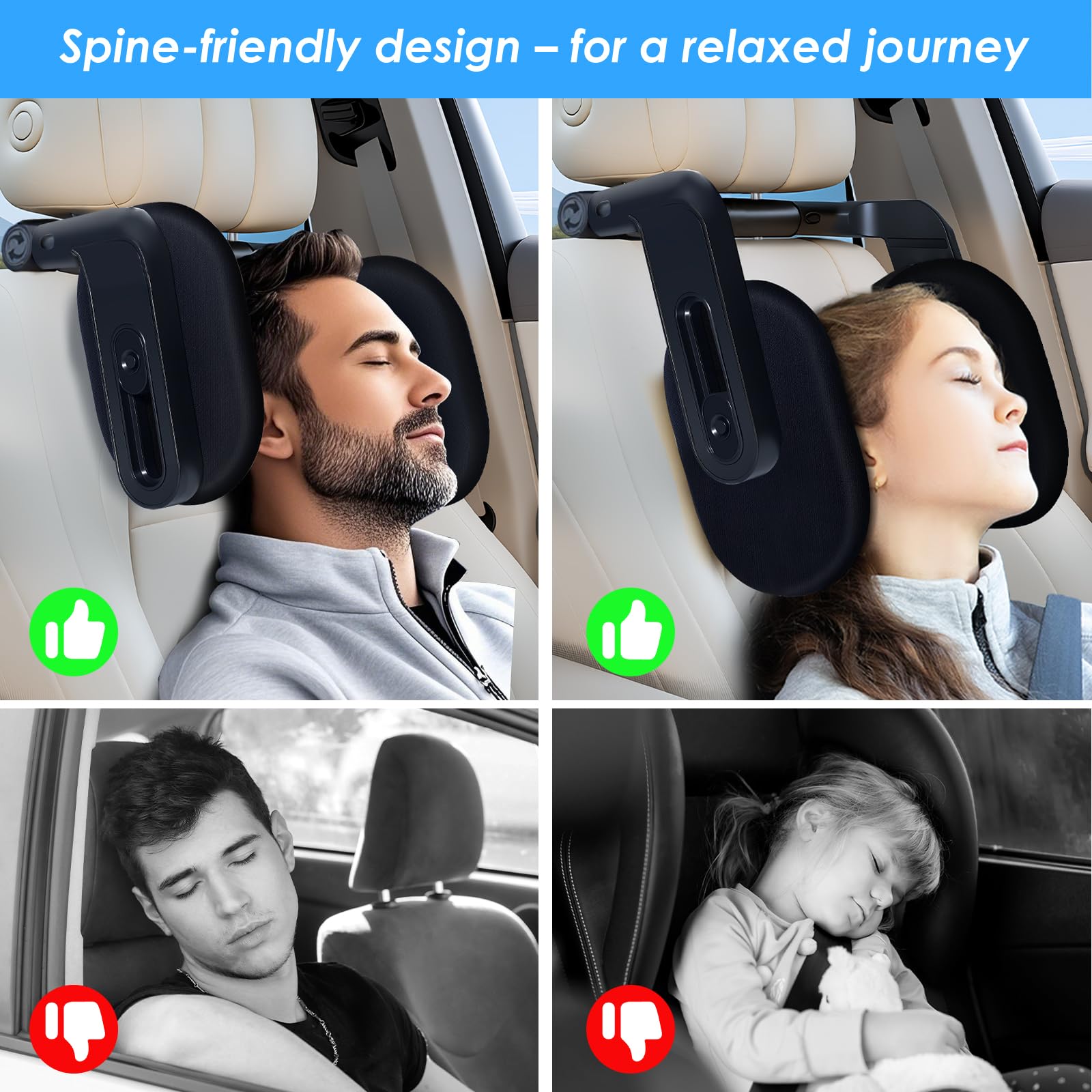 Appuie-Tête Voiture Enfant & Adulte | Cale Tête 360° Rotatif 2025 | Repose-Tête Mousse Mémoire | Mécanisme 3 Points | Pour Dormir en Voiture (Noir/lot de 1)