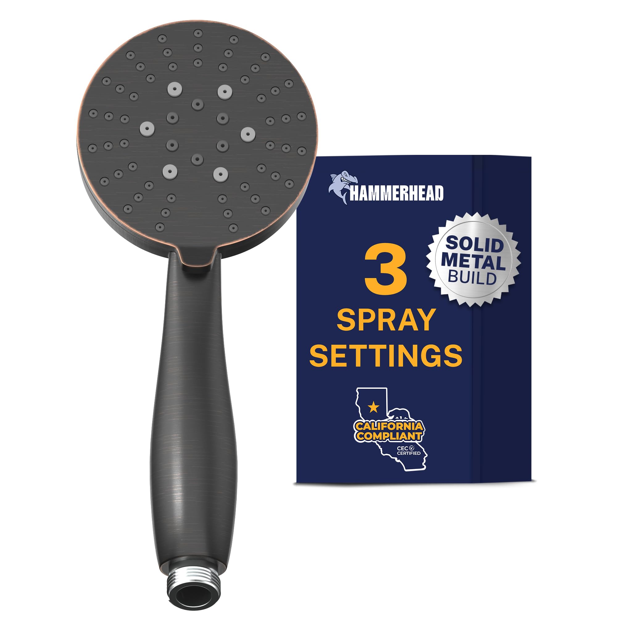 HammerHead Showers® SOLID METAL 3-Spray Hand Held Shower Head, Oil Rubbed Bronze | Select from Wide, Massage, and Mist Sprays | 1.75 GPM Low Flow Handheld Showerhead | Made from 304 Stainless Steel