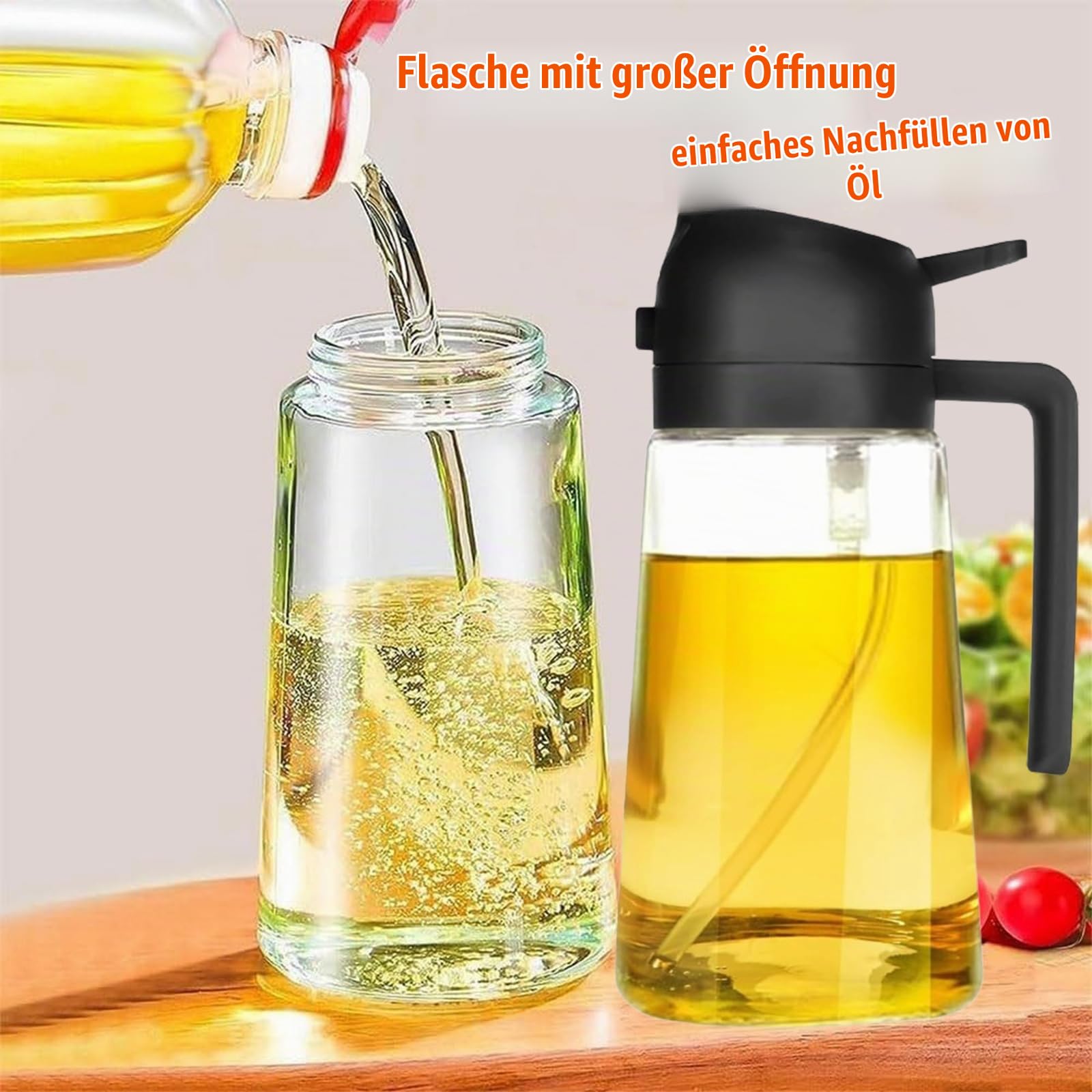 ölsprüher 2 in 1, 500ml Öl Sprühflasche für Speiseöl, Ölflasche ausgießer und Sprüher,Olivenöl spray,Essig Sprayer Spender,zum Kochen,Backen,Grillen und Salat,Ölflasche Perfekt zum Kochen (Schwarz) Küche, Haushalt & Wohnen