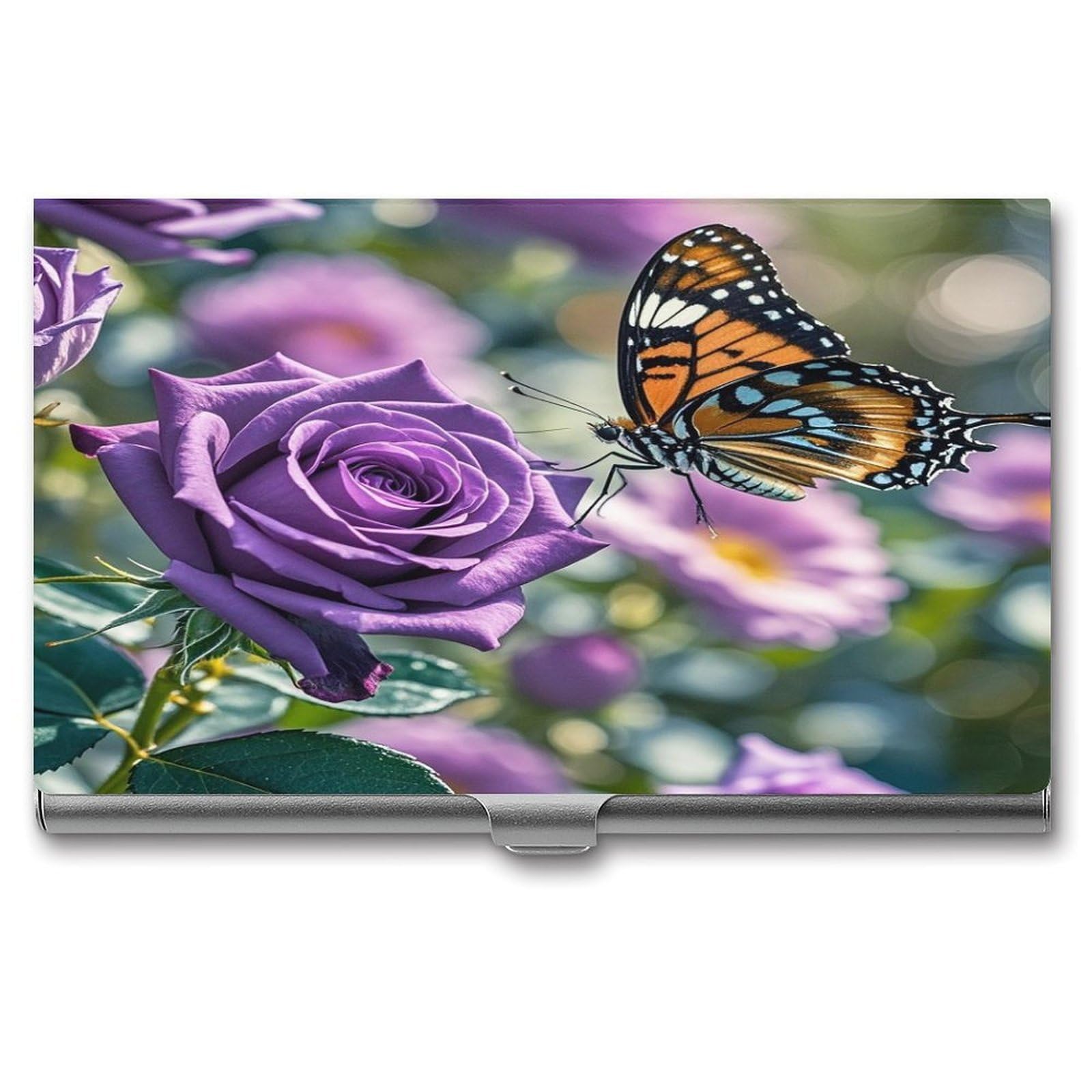 FekiLoot Purple Rose with Beautiful Butterfly Business Card Holder Aluminum Alloy Business Card Case Convenient to Carry Business Card Dispenser for Men Women