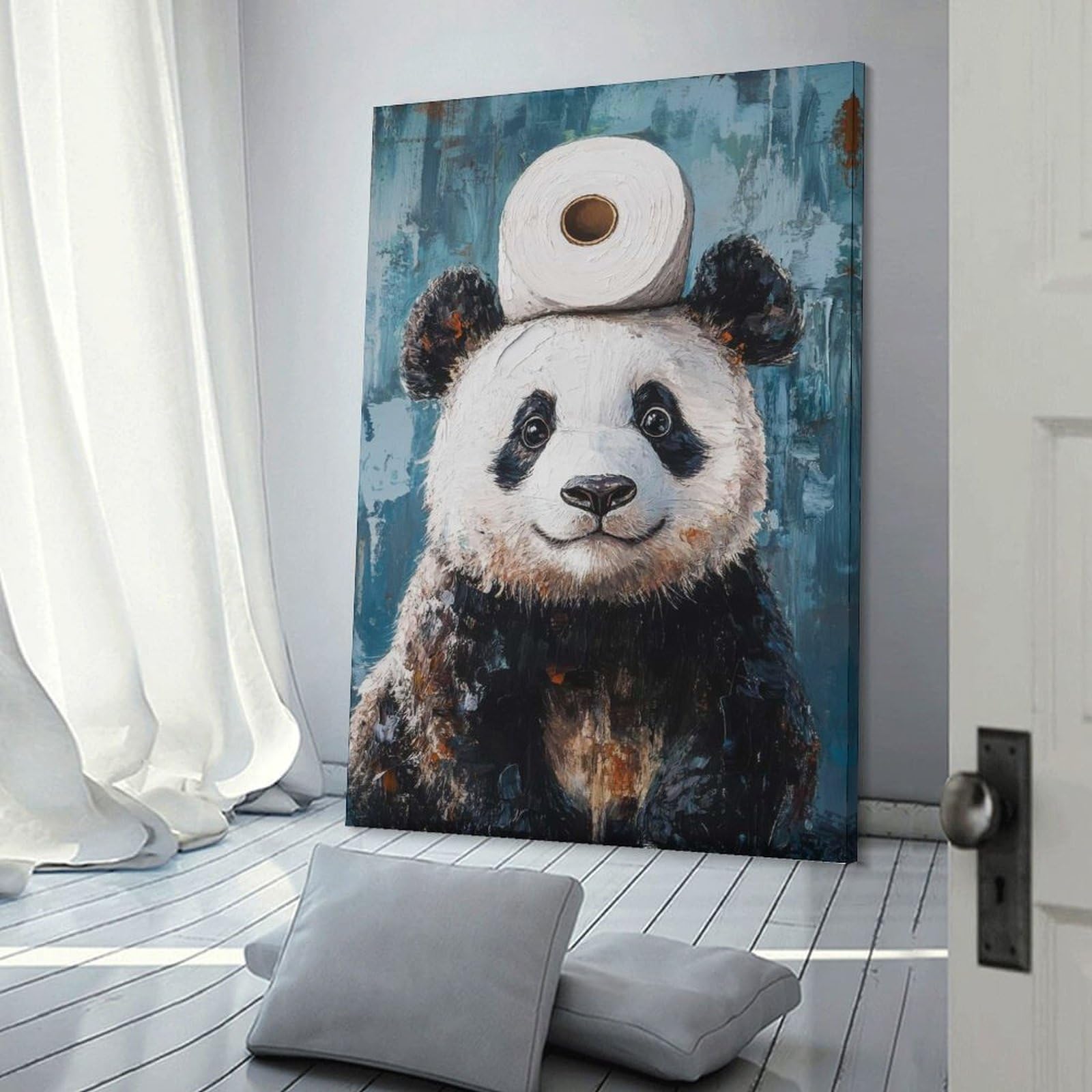 Junmoney Frame-Style-11 Hanging Wall Art Panda With Toilet Paper, 08X12inch(20X30cm), For Entryway, Lounge Links Or Small Walls, A Neat Decor Update For Hallways