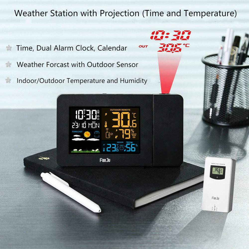 Estacion Meteorologica Interior Exterior,Reloj Despertador De Proyección Proyector Digital Reloj En Techo,Higrometro Digital,Radio Despertador MedicióN De La Temperatura,Pantalla Led De Pulgadas