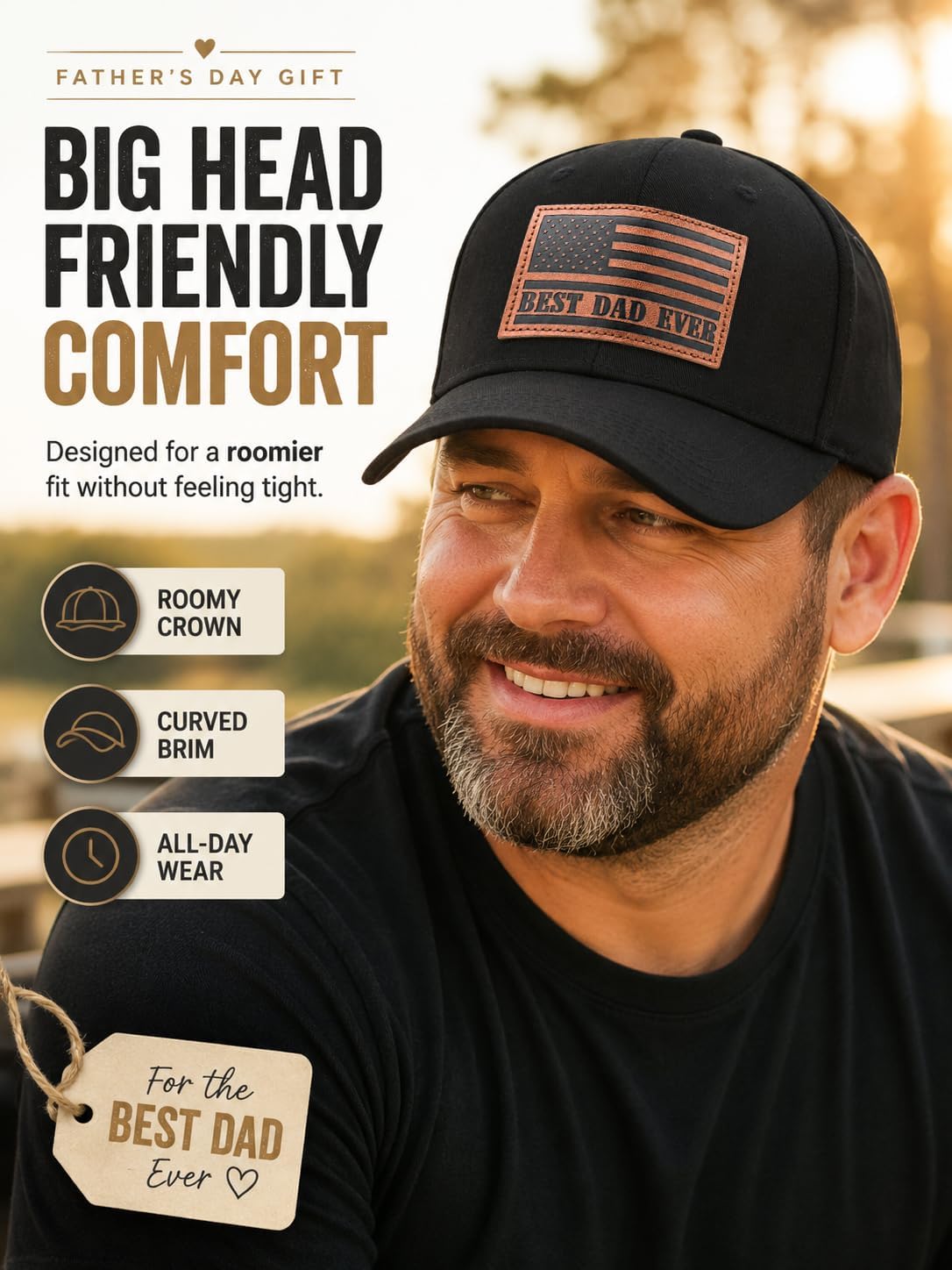 XL Big Head Dad Hats for Men, Best Dad Ever American Flag Leather Patch Cap, Father’s Day, 23.5”-25.5“ Oversized Adjustable Black Baseball Cap for 4th of July, Work, Daily Wear