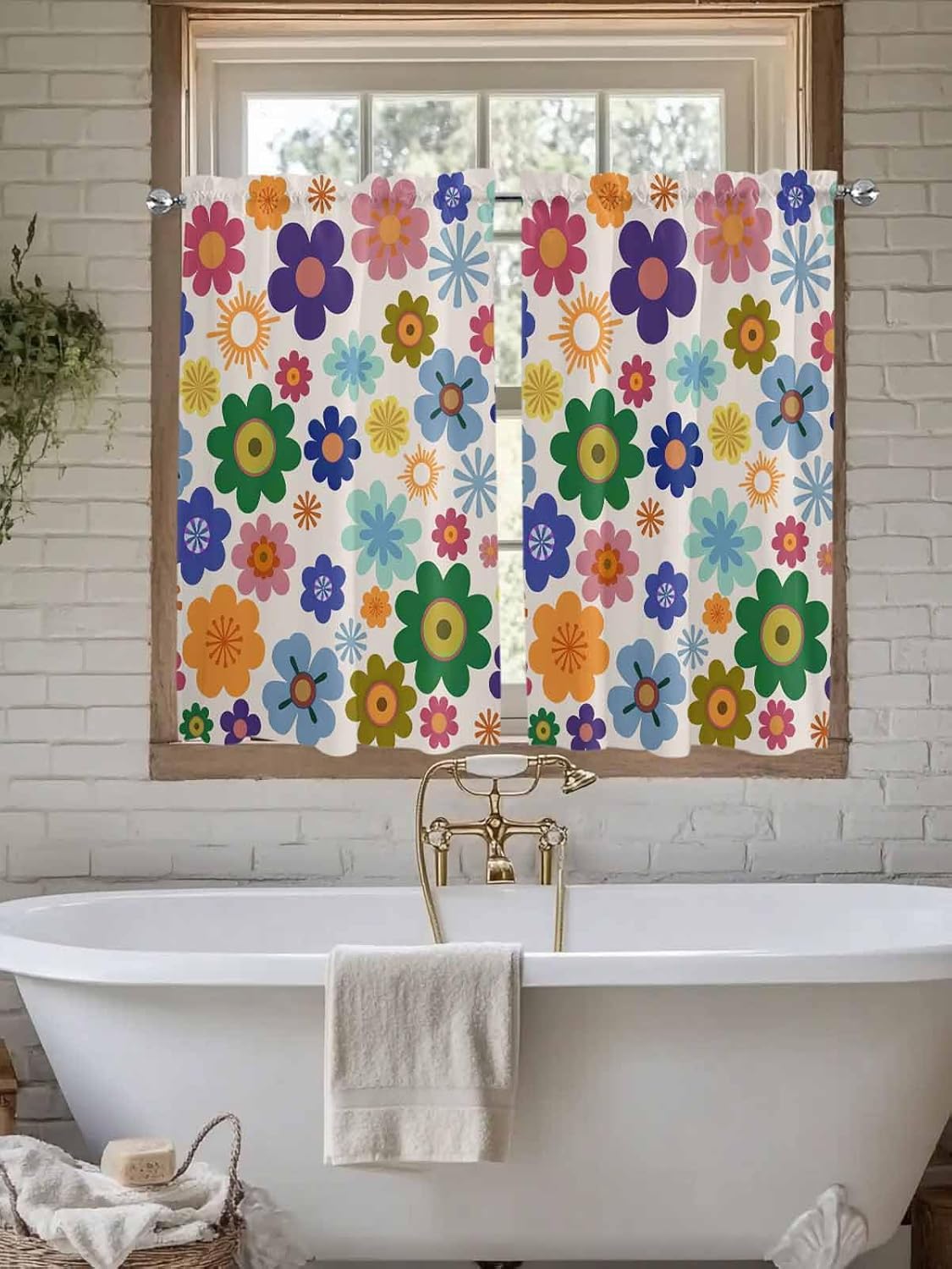 Retro Bohemia Floral Kitchen Curtain 54 Inch Length Small Short Cafe Tiers Curtains Drape, Blue Purple Flowers Boho Style Beige Window Treatment Rod Pocket Drapery Panels Curtains, 84x54