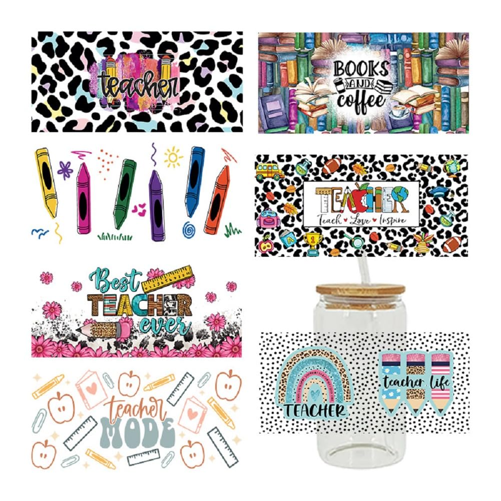 Yalulu 7 Sheet Teacher UV DTF Cup Wrap Transfer Stickers for Glass Cups Rub on Stickers UV DTF Cup Wrap Sticker