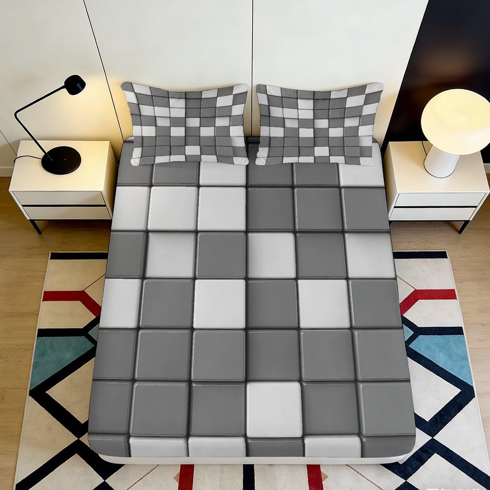 Pnayamiorkfel Style-5 3D Printed Geometric Mosaic Fitted Sheet Microfiber Soft Grey Square Pattern Mattress Cover For Bedroom Guest Room Home Decor 90X200x25cm