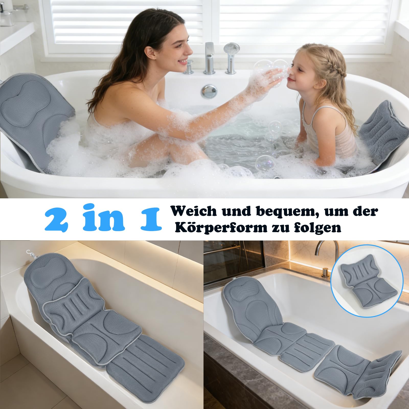2 In 1 Badewannenkissen Ganzkörper 139 * 45cm+69 * 45cm,Mit Abnehmbares Kinderbadekissen,Mit Saugnäpfebad Anti-Rutsch,Unterstützt Nacken,Rücken,Beine,Badewannenmatte Mit Kissen Für Home Spa