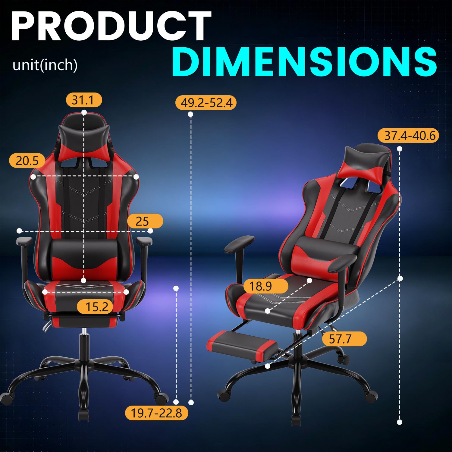 Sedia da gioco da ufficio, ergonomica, con poggiapiedi, braccioli, supporto lombare, poggiatesta, girevole, schienale alto, sedia da computer da corsa, per donne, uomini, adulti, ragazze, rosso