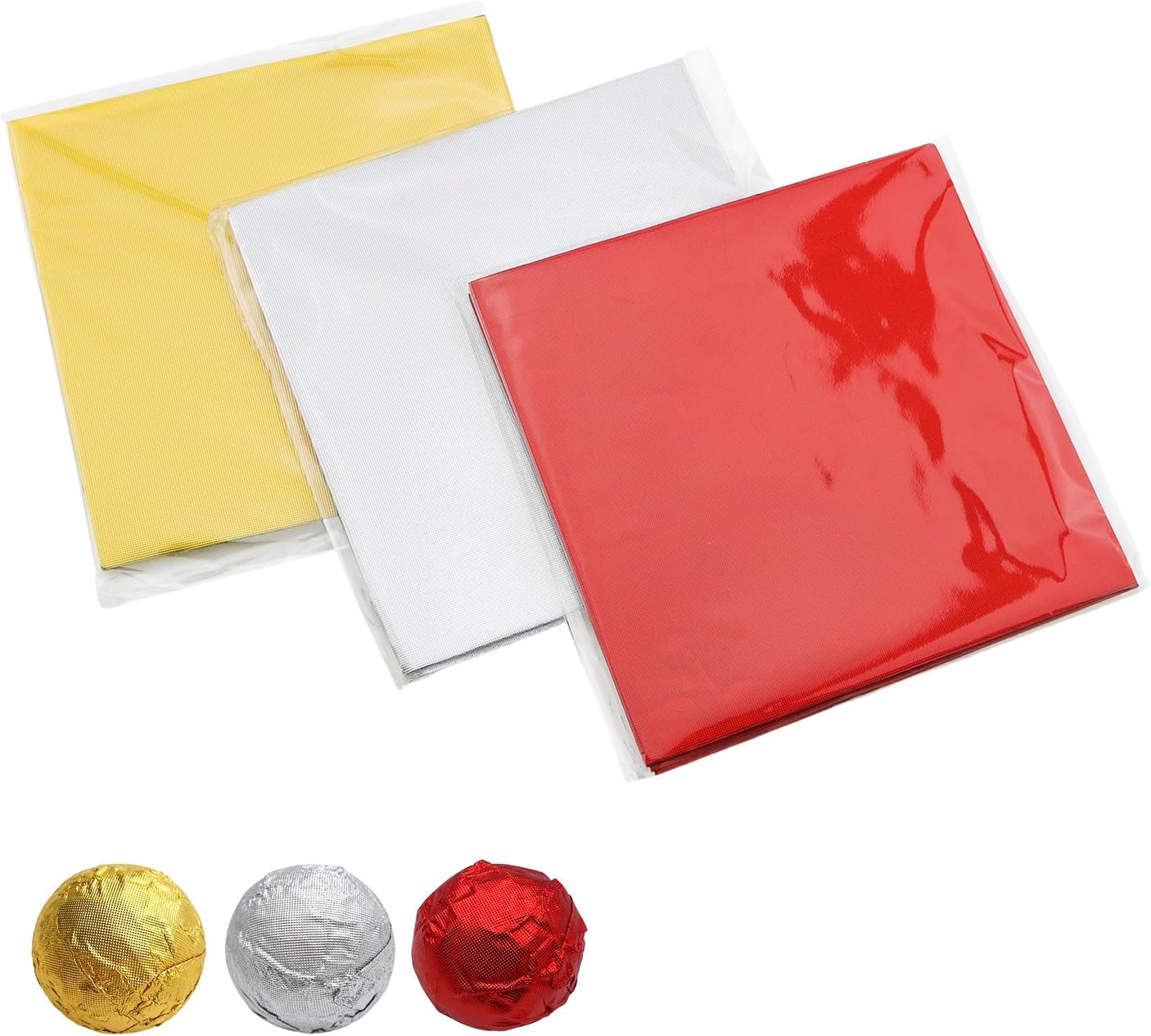 300PCS Aluminum Foil Candy Wrappers 4x4 Inches 3 Colors Square Colored Tin Foil DIY Chocolate Packaging For Homemade Candy Party Gifts Easter Decorations Gold Silver Red