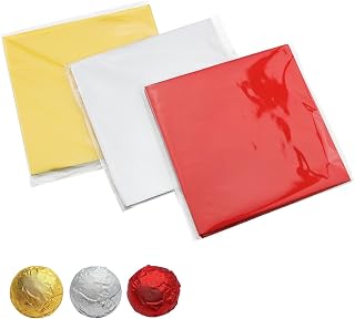 300PCS Aluminum Foil Candy Wrappers 4x4 Inches 3 Colors Square Colored Tin Foil DIY Chocolate Packaging For Homemade Candy Party Gifts Easter Decorations Gold Silver Red