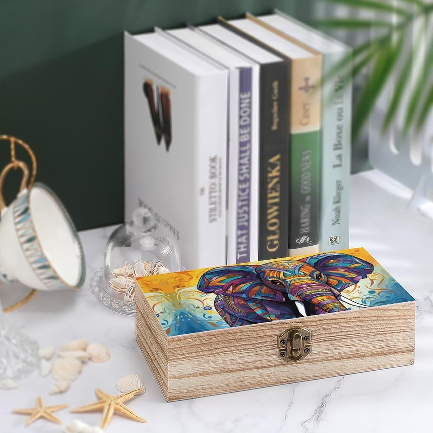 Colorful Elephant Wooden Box Wood Storage Box with Hinged Lid Rectangular Keepsake Boxes Vintage Table Organizer Decorative Container for Gift Packaging Toys Crafts image 4