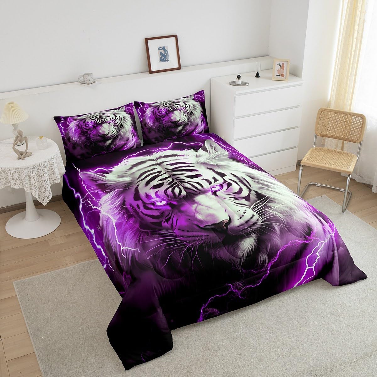 Castle Fairy 3D Tiger Comforter Set Twin Size,Neon Purple Lightning Quilt Set White Black Tiger Wild Animals Bedding Set 2Pcs for Kids Boys Teens Men Bedroom Decor, Duvet Insert,1 Pillowcase