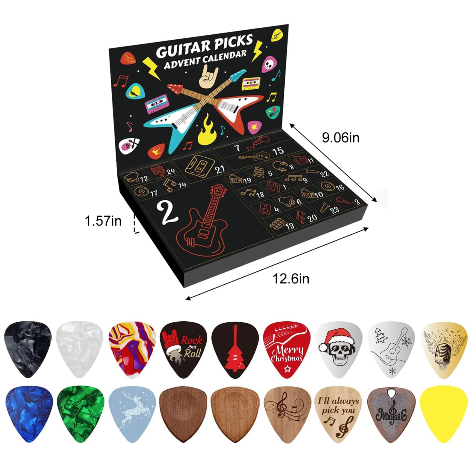 Kostki do gitary Kalendarz adwentowy 2025, skórzany uchwyt i metalowa obudowa, 24 dni muzycznych niespodzianek, prezent dla gitarzysty - 2 szt