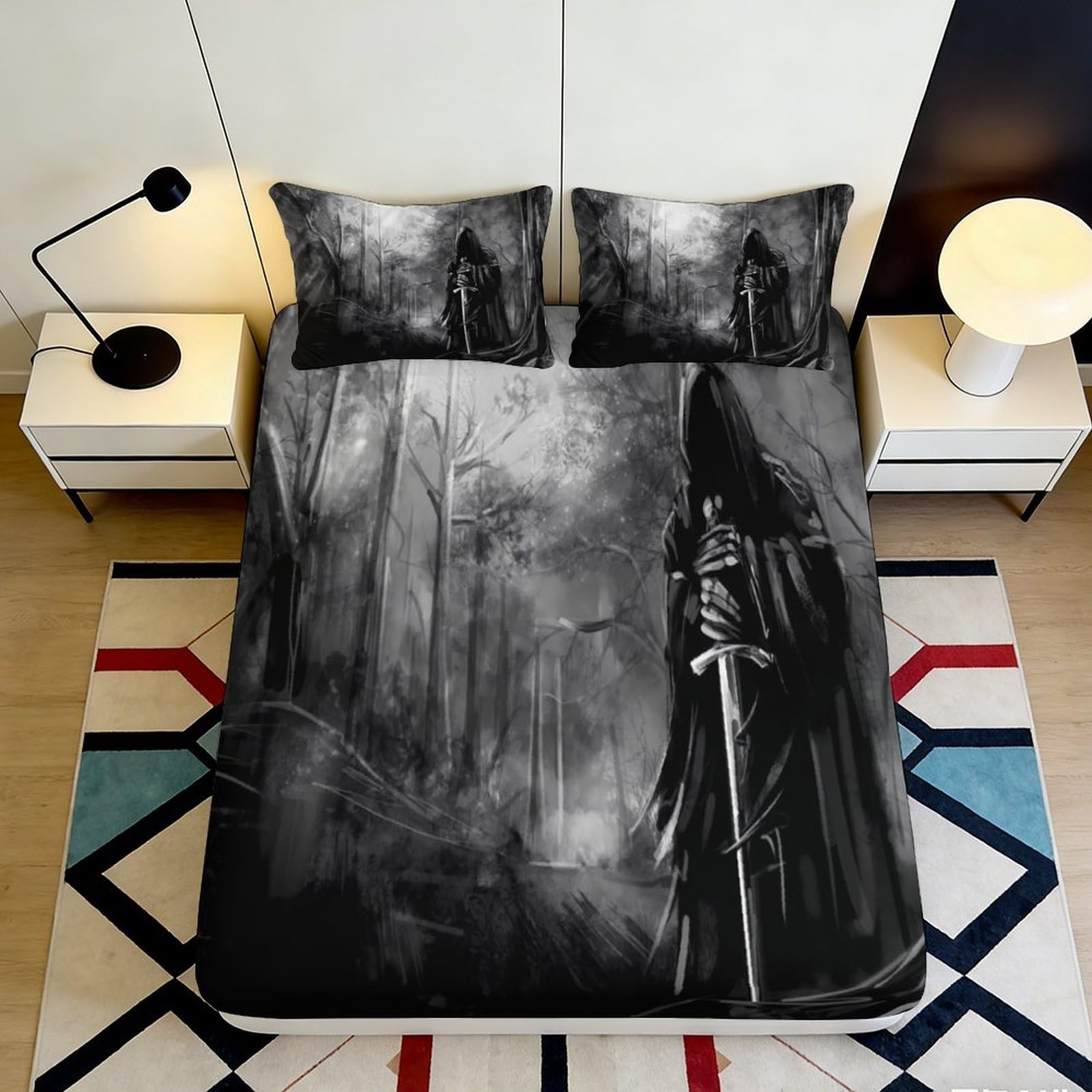 3D Printed gothic forest fitted sheet, microfiber soft touch, wrinkle resistant, guest room bedding, stylish room accent, dark motif bed cover 90x200x25cm