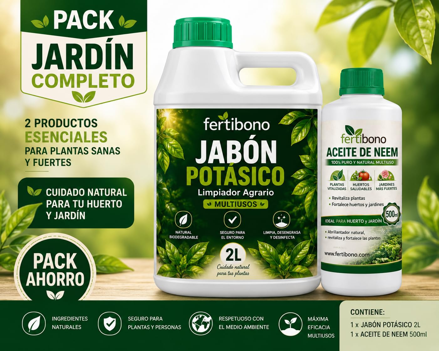 FERTIBONO FLORANIM Multiuso - Jabón Potásico 2L + Aceite de Neem 500 ml para Plantas, Huerto y Jardín - Pack Concentrado para Diluir en Agua y Pulverizar