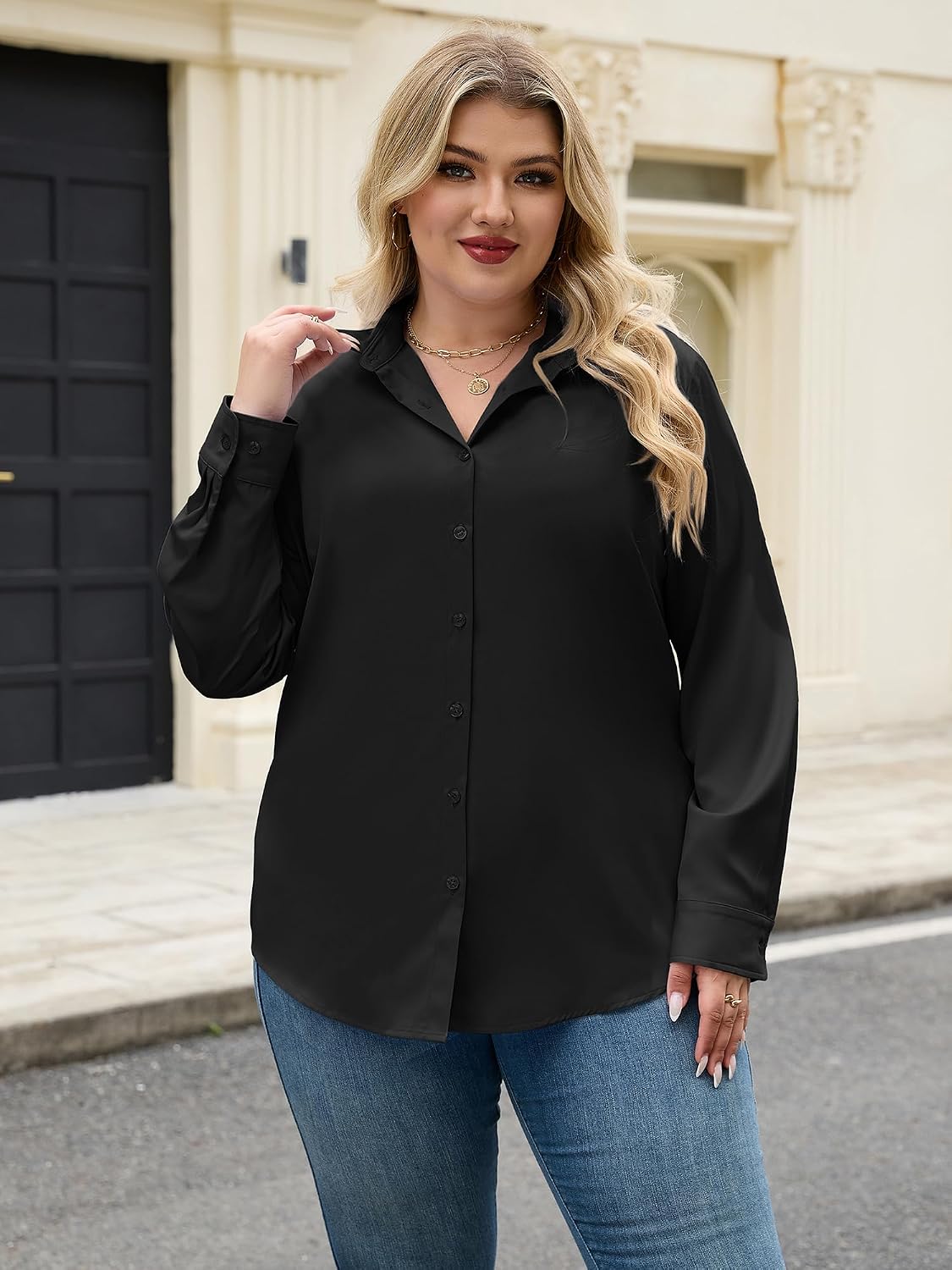 siliteelon Plus Size Button Down Shirts for Women 4-Way Stretch Long Sleeve image 2