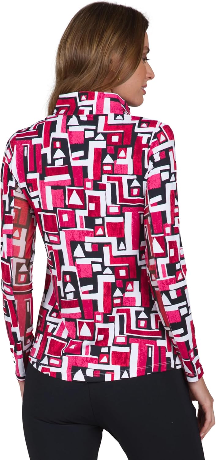 IBKUL Athleisure Wear Sun Protective UPF 50+ Icefil Cooling Tech Jennifer Print Long Sleeve Mock Neck Top – 10543 Red/Black Jennifer XS - Image 8