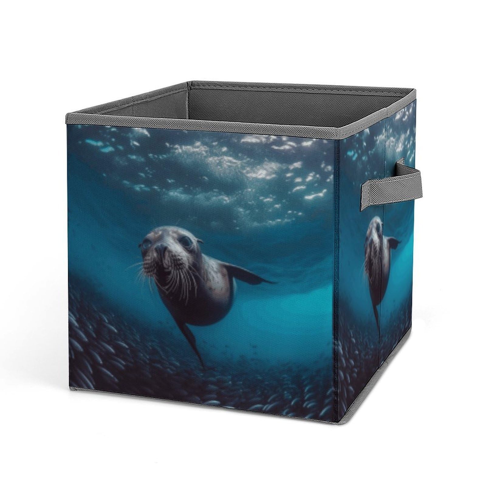 DWVTSLH Underwater Sea Lion Cube Storage Bins with Handle, Foldable Storage Cubes, 11 Inch Large Storage Baskets, Washable Fabric Closet Organizer for Shelves, Decorative Clothes Storage Boxes
