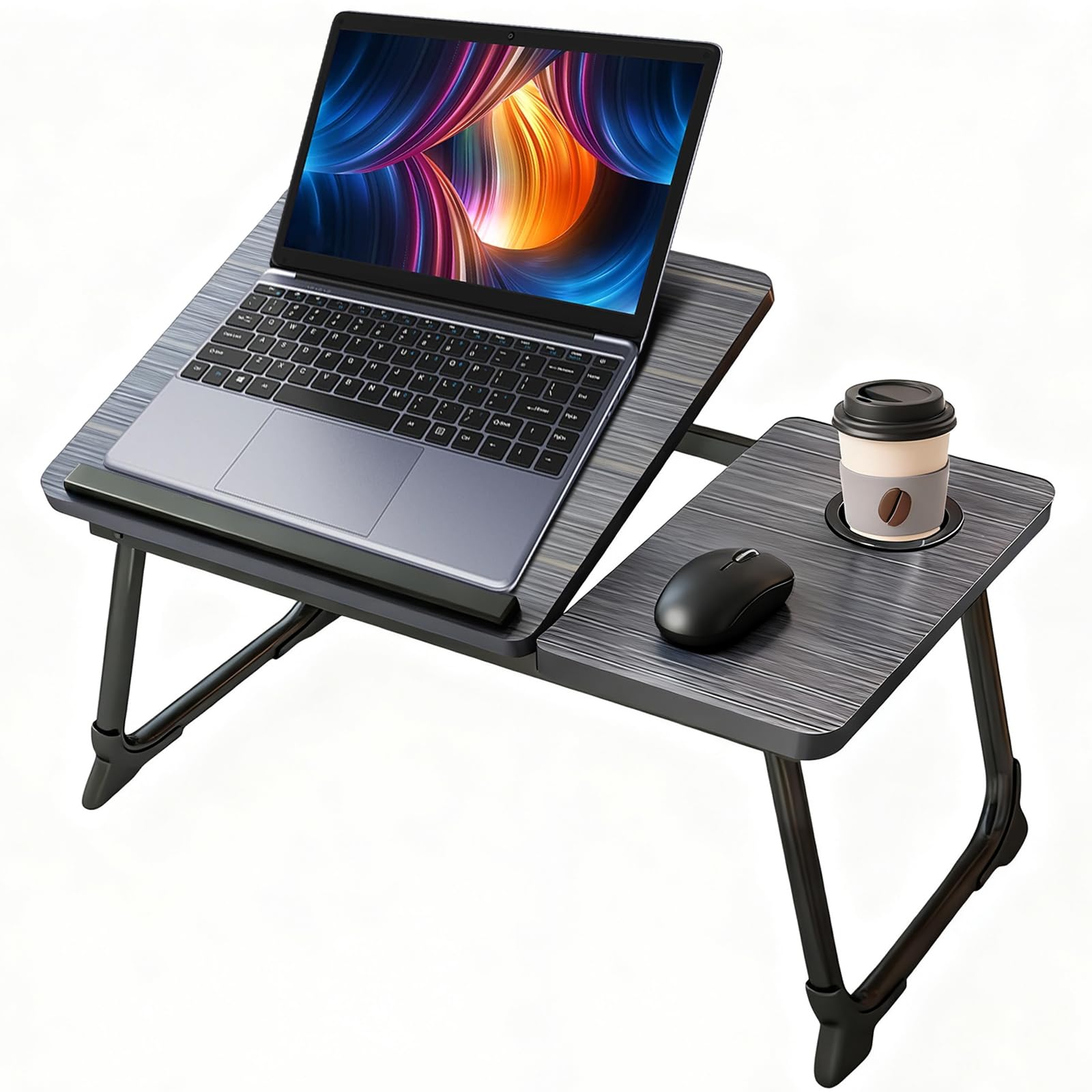 Foldable Laptop Desk for Bed - Laptop Table Adjustable Height Tilt with Cup Holder – Upgraded Lap Desk Folding for Bed Couch Sofa, Portable Laptop Tray Table for Working Reading Study Easting (Black)