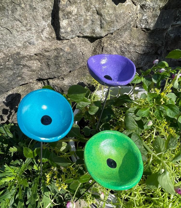 Set of 3 Bee & Butterfly Watering Stations with Garden Stakes – Ceramic Insect Drinking Cups with Glass Beads, Pollinator Garden Decor, Outdoor Flower Garden Sculpture