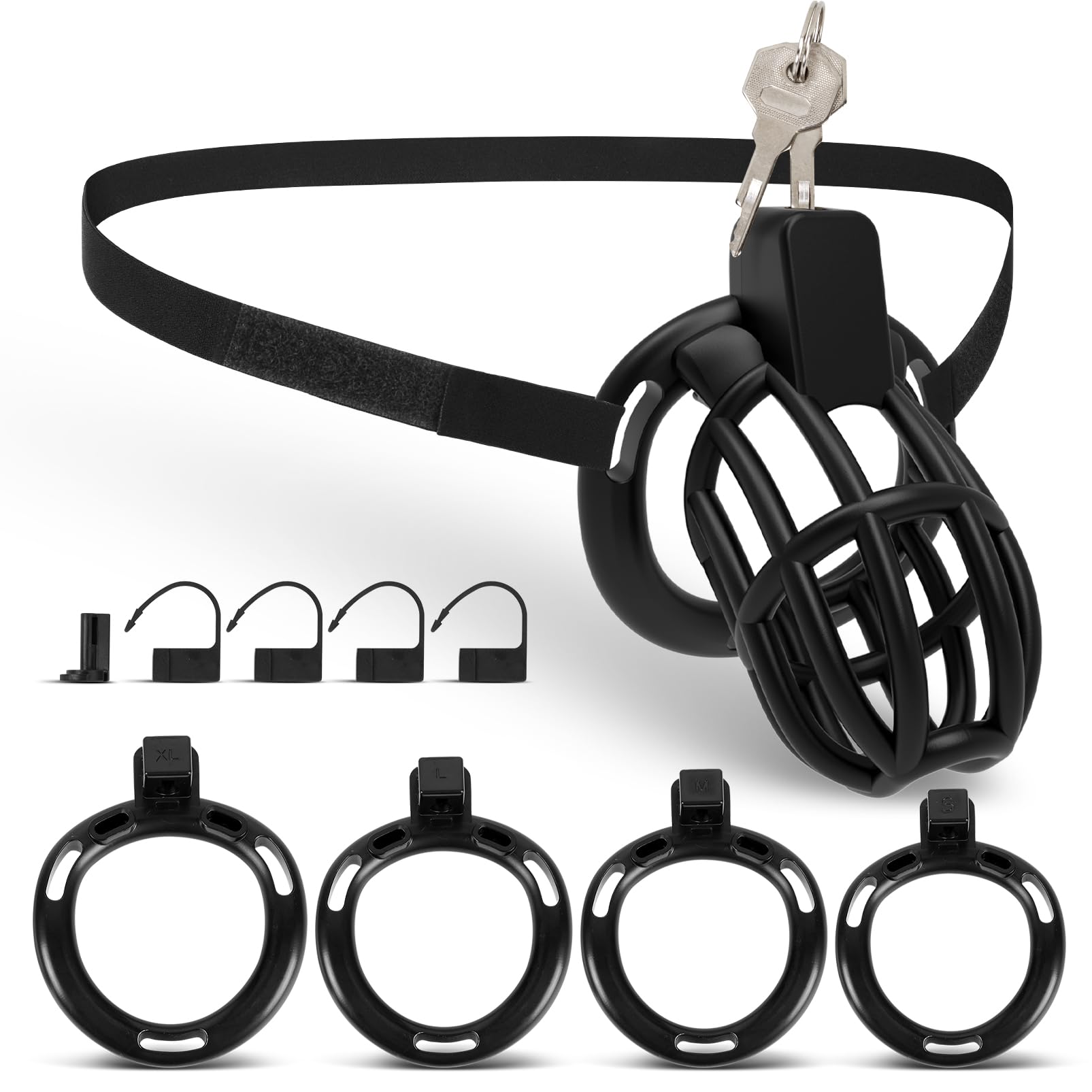Male Chastity Belt Cock Cage - UTIMI Adjustable Plastic Chastity Strap Devices for Man 3D Printed Penis Bondage Cage Lightweight Adult BDSM Sex Toy with 4 Sizes Rings Invisible Lock and Key Black Small