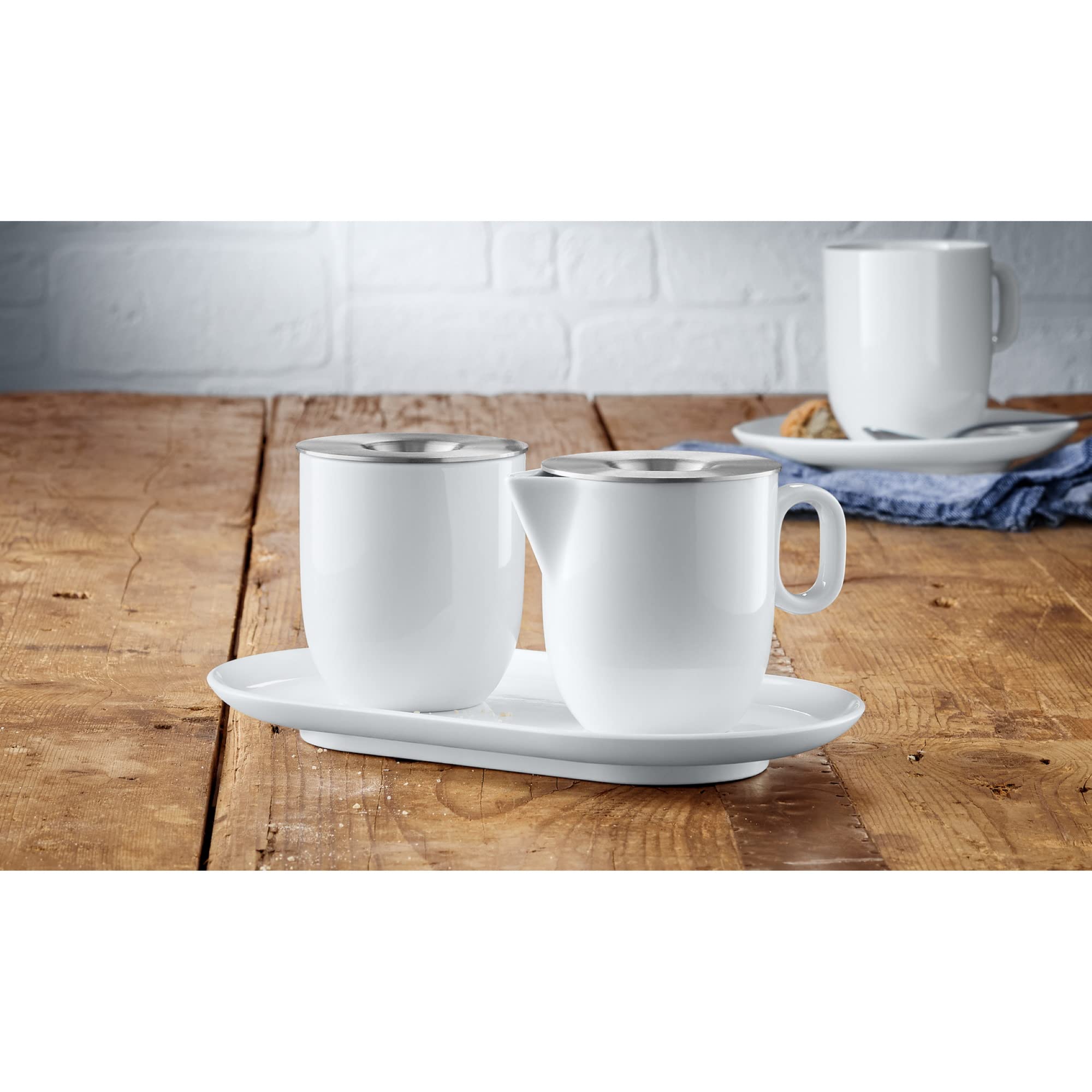 WMF Barista cukiernica 130 ml i dzbanek na śmietanę/mleko, porcelana, 170 ml, z pokrywkami, zestaw 3-częściowy z podstawką, dzbanek na mleko, nadaje się do mycia w zmywarce