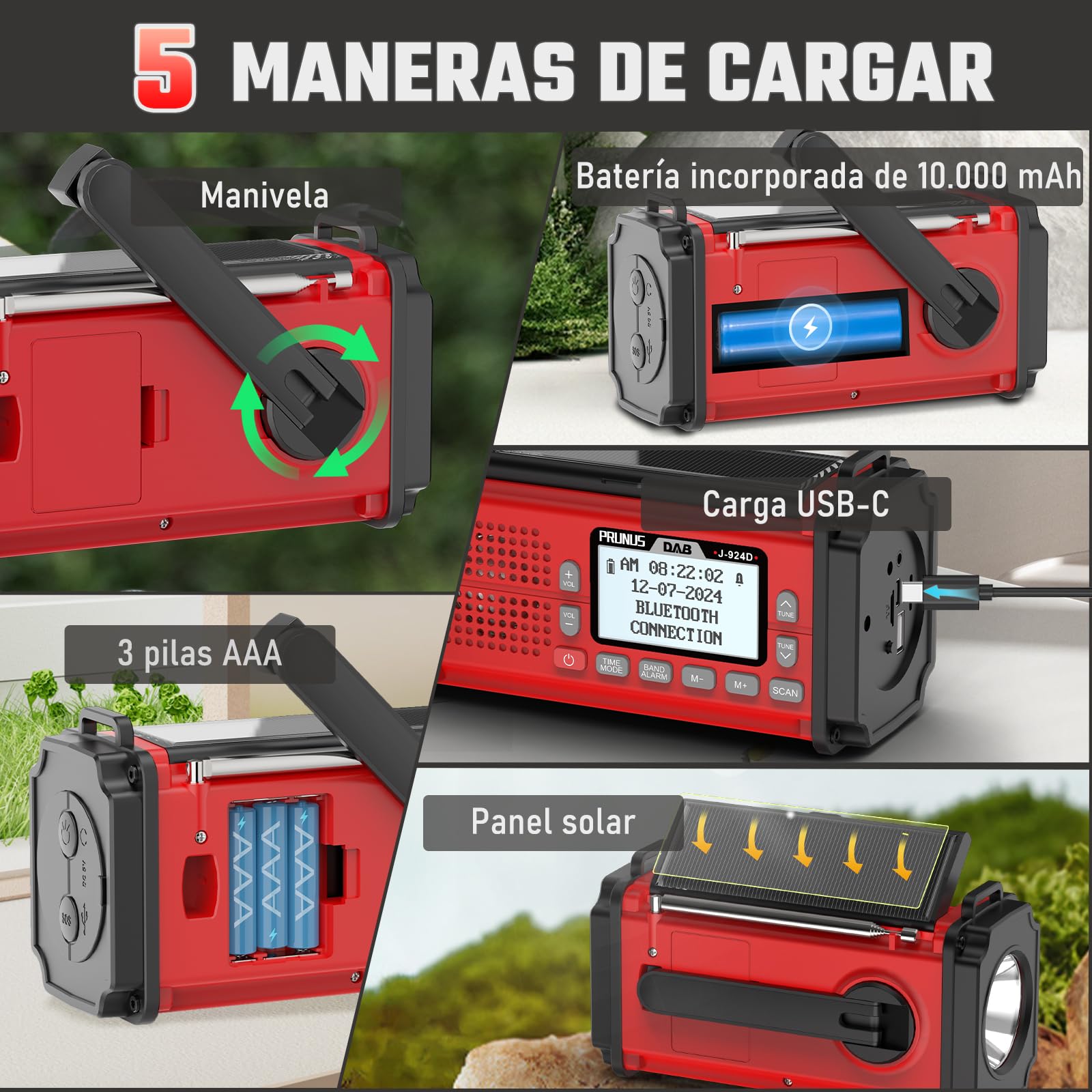 PRUNUS J-924 FM Dab Radio Digital con Función de Preselección, Radio Portatil Pequeña Recargable con Banco de Energía de 10000 mAh, Radios Solar y a Pilas, con Manivela,Linterna,SOS.