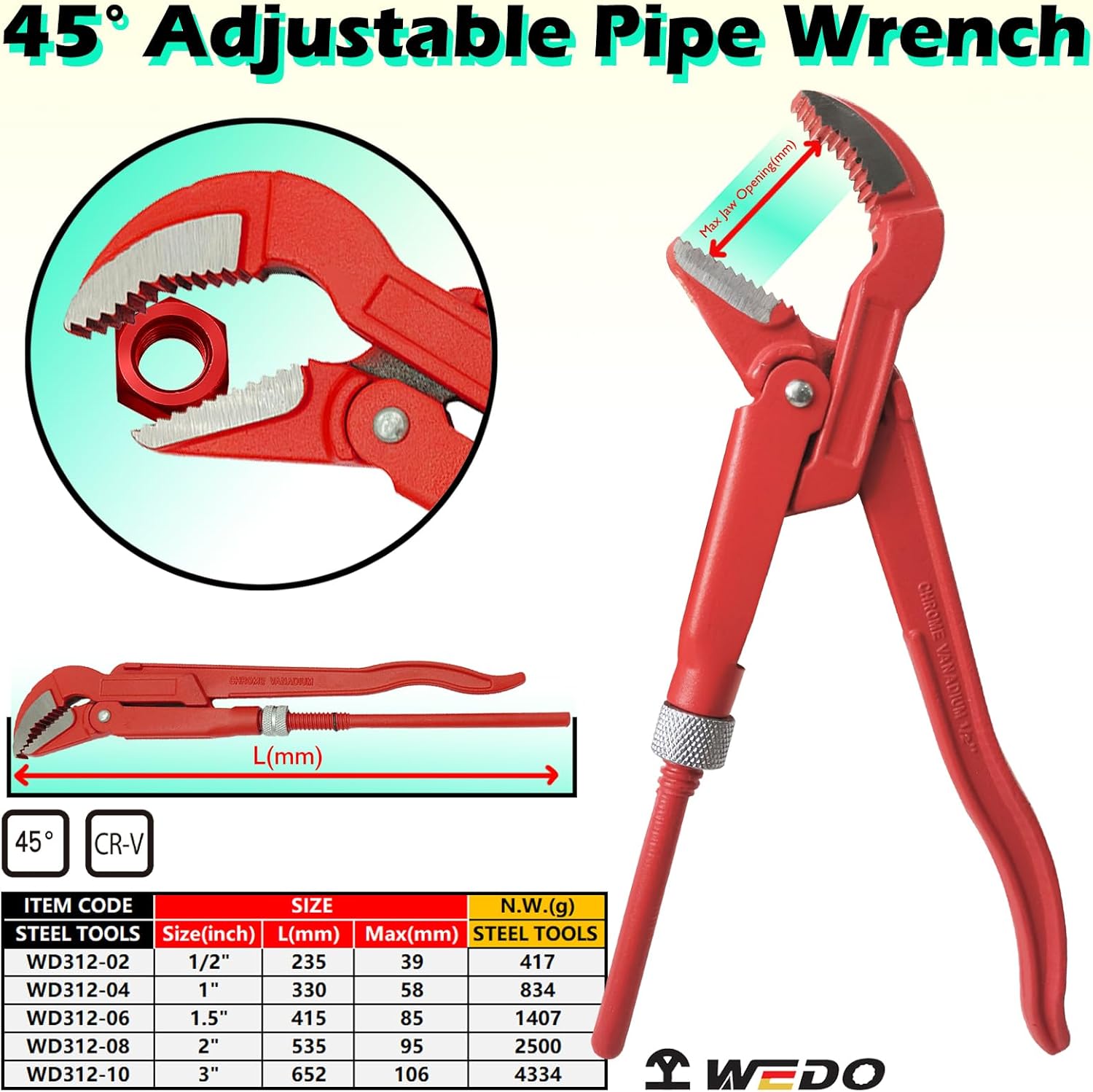 WEDO Swedish Pipe Wrench 45 Degree Angled, Water Pump Wrench, Pipe clamping diameter 2", length 415mm, Max jaw opening 55mm, CR-V Steel, Die-forged, Heat Treatment