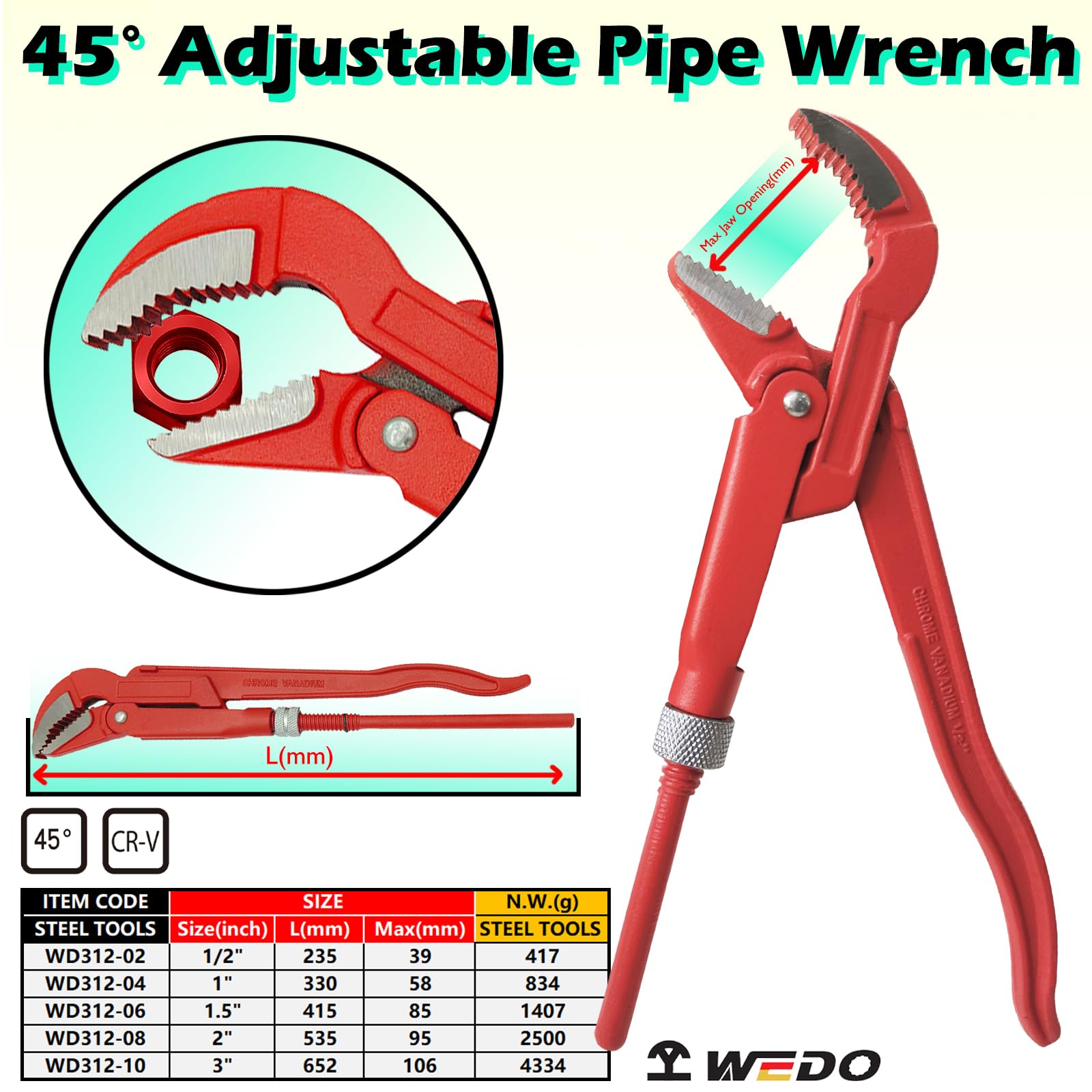 WEDO Llave de tubo sueca en ángulo de 45grados,llave de bomba de agua,diámetro de sujeción de tubería de 4 pulgadas,longitud de 652mm,apertura máxima de mandíbula de 103mm,acero CR-V
