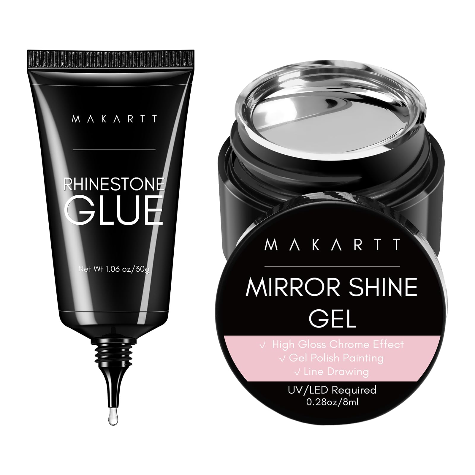 Makartt Nail Rhinestone Glue with Chrome Gel Kit, Super Strong Glue with Silver Metallic Painting Gel Polish Set for 3D Nails Art Decoration Manicure(