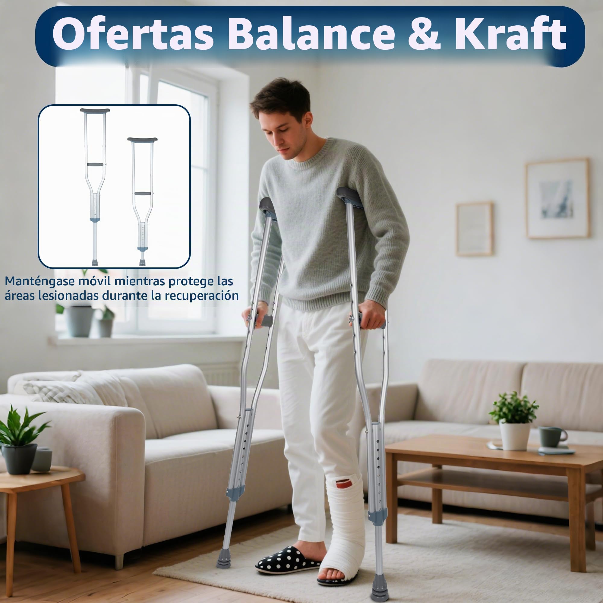 Muletas axilares para adultos, 2 unidades, muletas de altura ajustable para hombres y mujeres, muletas resistentes que soportan 150 kg (330 libras), muleta de aluminio ligera con asas acolchadas y