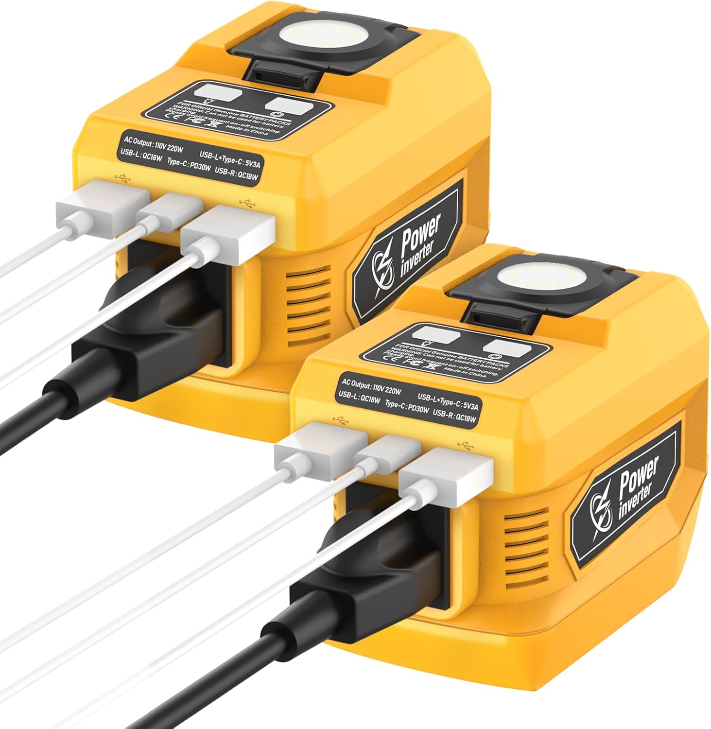 2-Pack 220W Power Inverter Compatible with DeWalt 20V Battery (Battery Not Included), DC 20V to AC 110V Portable Power Station with 1 AC Outlet, 2 USB QC Ports & 1 Type-C PD Port, 400LM LED Work Light