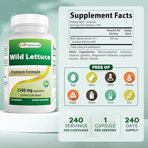 Miniatura 2 de Best Naturals Lechuga silvestre 10:1 Extracto 250 mg (equivalente a 2500 mg de lechuga silvestre en polvo) - 240 Cápsulas