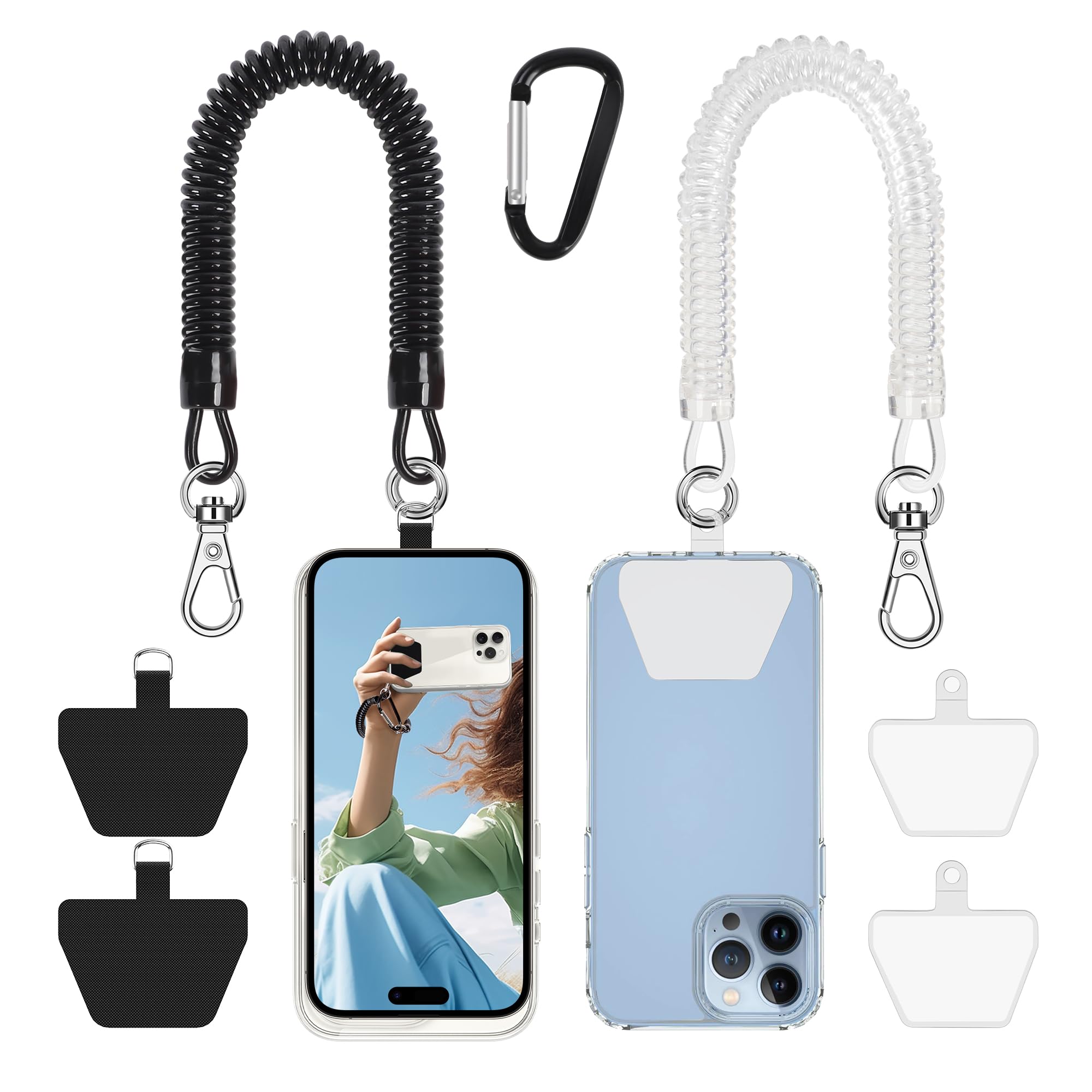 Doormoon Phone Lanyard Tether with 4 Patch, Cell Phone Lanyard with 2* Phone Tether, 4* Patch for Outdoor Hiking Climbing, BlackClear | 2-Pack (1