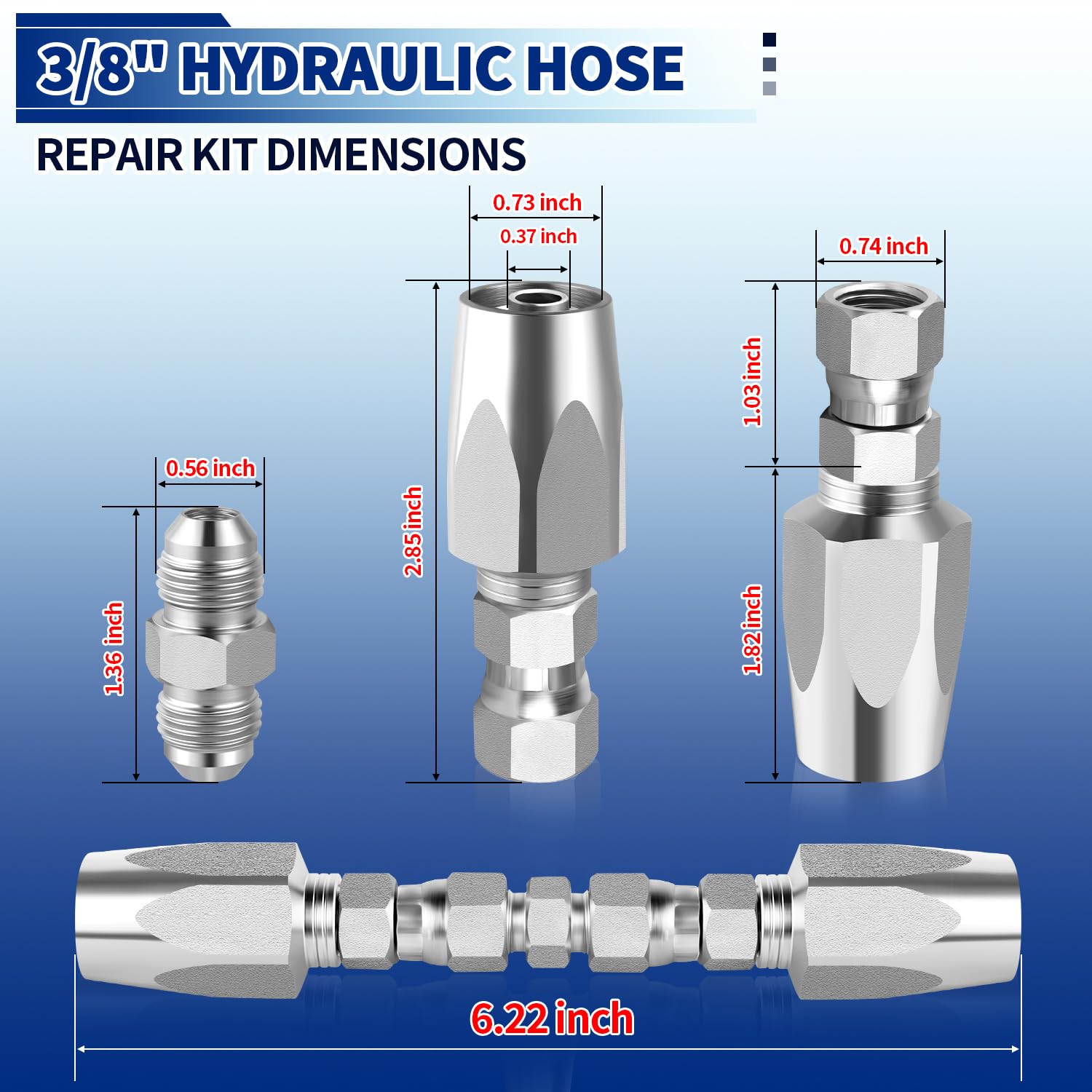 Hydraulikschlauch-Reparatursatz, 1 cm ID, wiederverwendbare | Passend für #6 Hydraulikschlauch, robuster verzinkter Stahl, bis zu 4000 PSI, leckagefreies Feldreparatur-Set für R2-, R16-