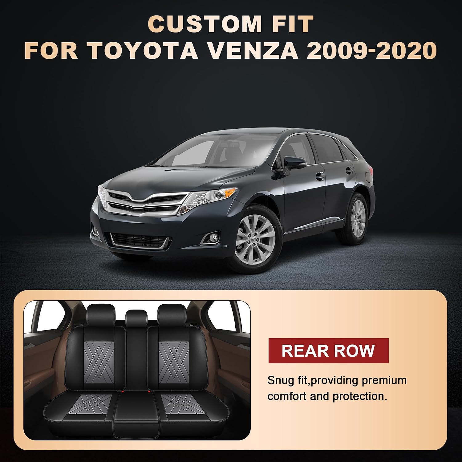 YORKNEIC 2 Front Seat Car Seat Covers for Toyota Venza 2009-2020 Breathable Waterproof Faux Leather Compatible Airbag Interior Seat Cushions Protectors (2 Front Set, Black&Gray)