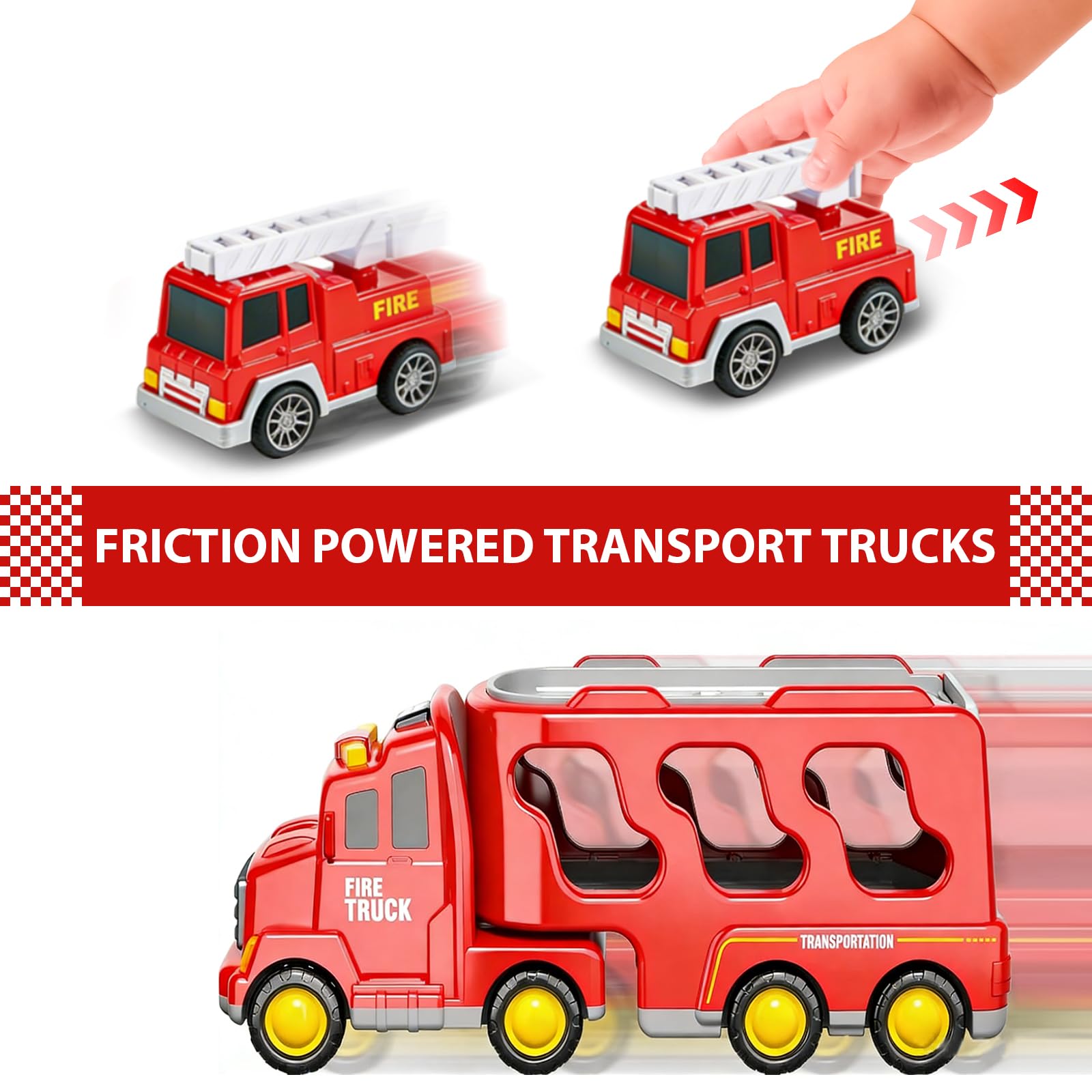 7 en 1 Camion Pompieri Giocattolo, Camion Trasportatore Macchinine con 6 Mini Camions dei Pompieri Camion dei Pompieri ad Inerzia avec Luci e Suoni Regalo per Ragazzi Ragazze di 3 4 5 6 7 anni