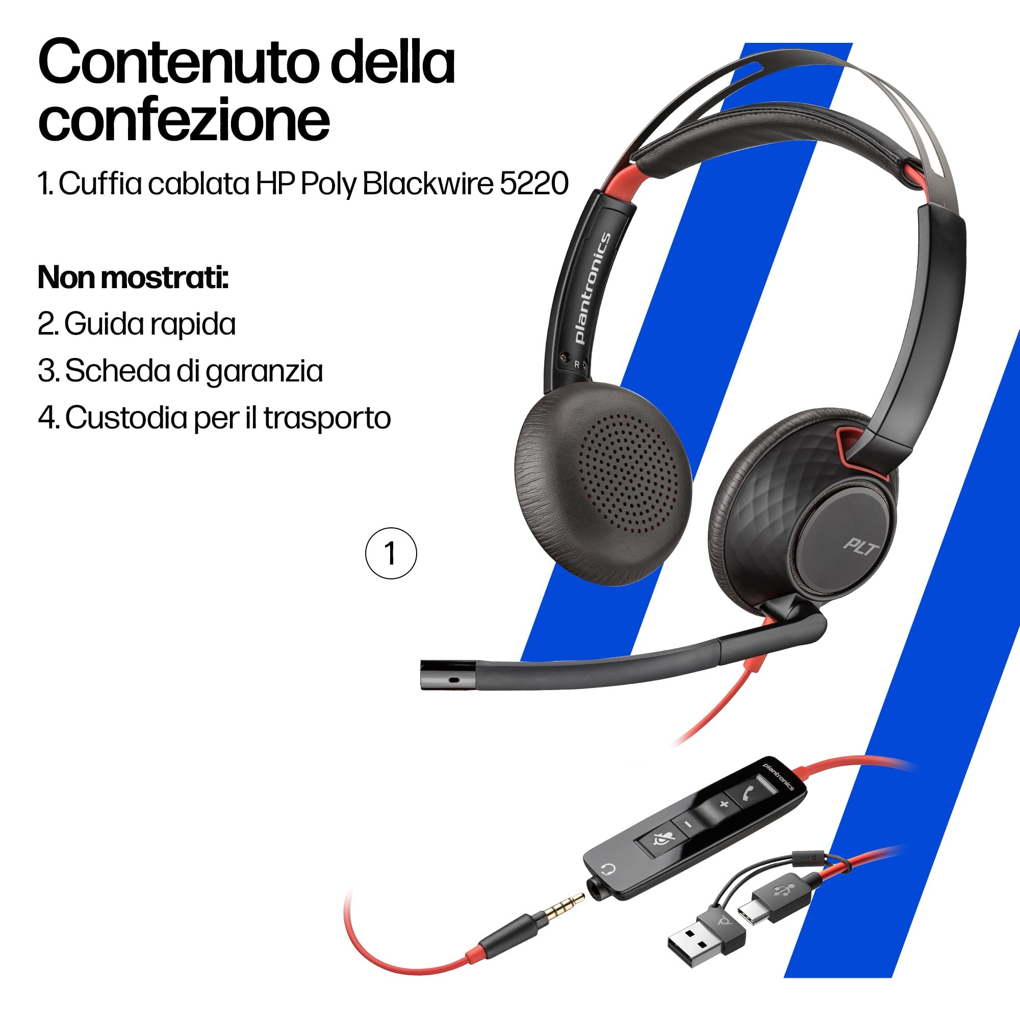 Poly Blackwire 5220, Cuffia Cablata con Connessione USB-A, USB-C, AUX 3,5 mm, Cuscinetti in Similpelle, Riduzione del Rumore e dell'Eco, 2024,Comandi sul Cavo, Compatibile con Windows 10 e macOS, Nero