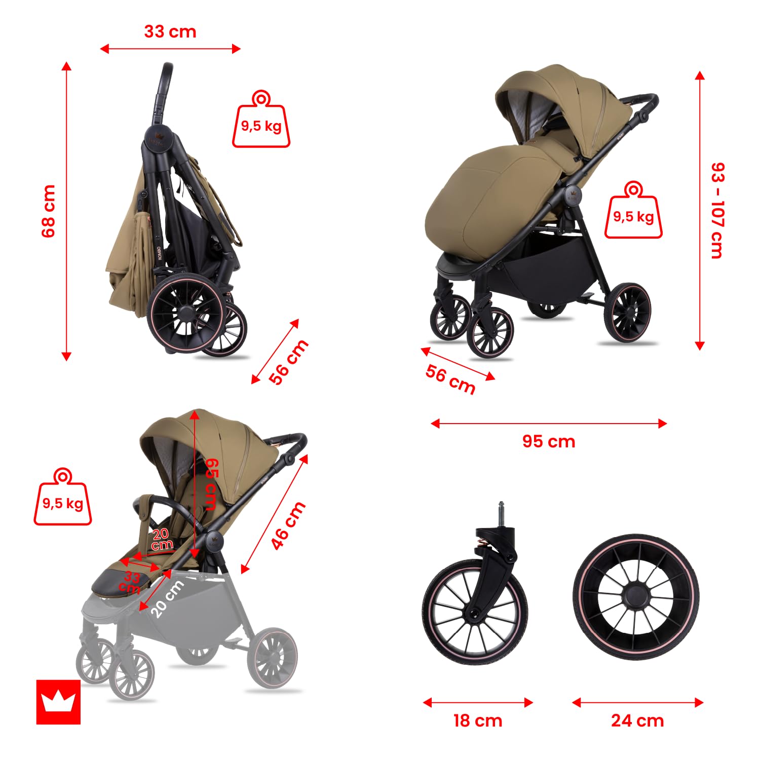 Lekki Wózek Spacerowy BabyLux ROMBO, Składany z Amortyzacją, Kolor: Olive