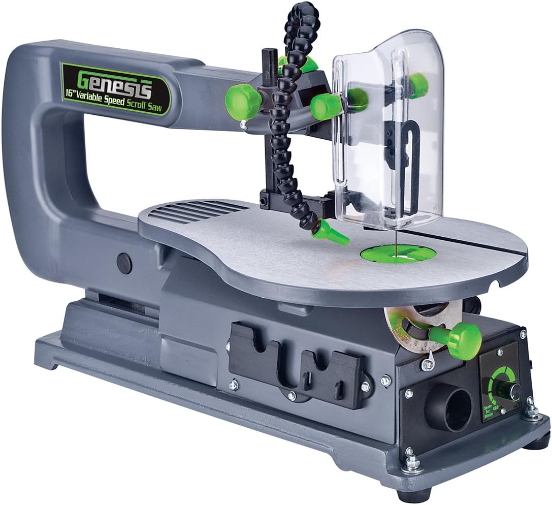 Genesis GSS160 1.2 Amp 16" Variable Speed Scroll Saw with Quick-Change System, Dust Blower, and Die-Cast Table for Left/Right Tilting