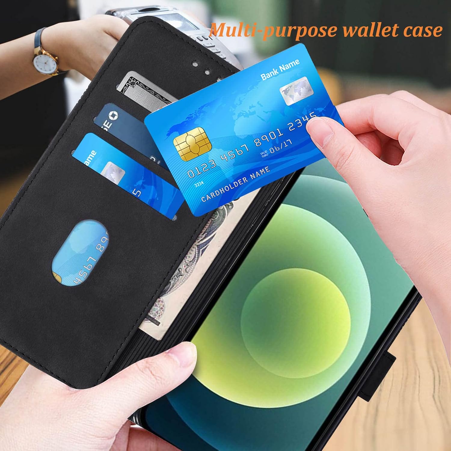 for iPhone 12 Wallet Case/for iPhone 12 Pro Wallet Case,[Kickstand][Wrist Strap][Card Holder Slots] TPU Interior Protective PU Leather Folio Flip Cover (Black) - Image 3