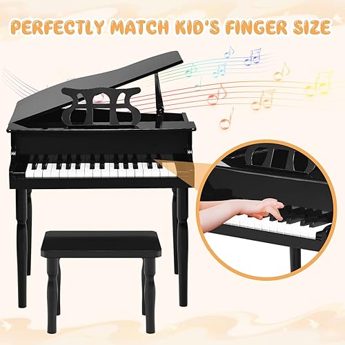 Miniatura 6 de Goplus Piano clásico de 30 teclas para niños, mini piano de cola de madera para aprender a tocar instrumento musical con banco, tapa de piano,